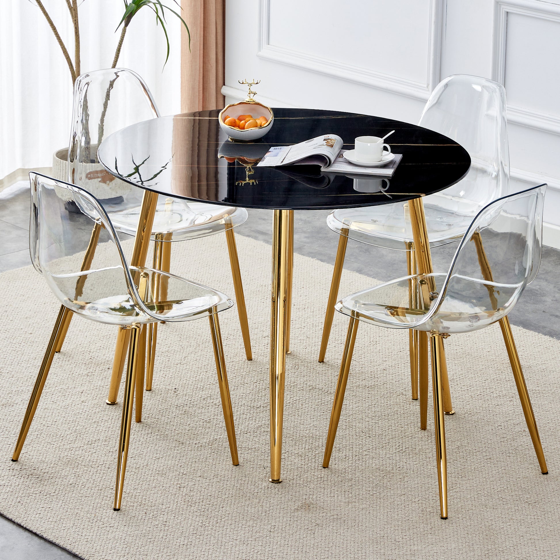 1 Table And 4 Chairs, A Modern Minimalist Circular Dining Table With A 40 Inch Black Imitation Marble Tabletop And Gold Plated Metal Legs, And 4 Modern Gold Plated Metal Leg Chairs. Black Gold Seats 4 Glass