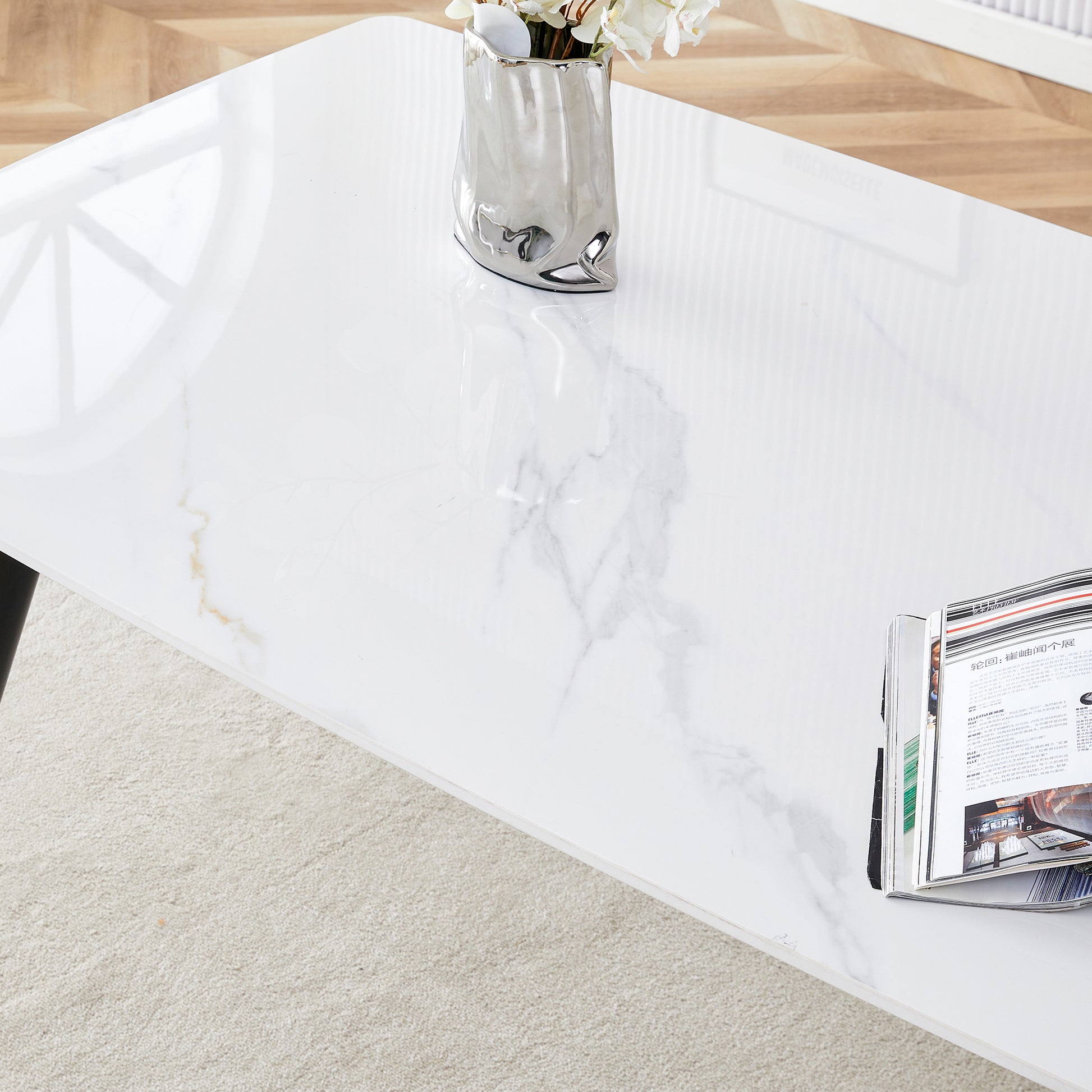 Table And Chair Set, White Imitation Marble Texture Rock Board Table Top, Black Metal Table Legs.Paired With 6 White Artificial Leather Backrest Cushion Dining Chairs With Black Metal Legs. White Black Seats 6 Metal