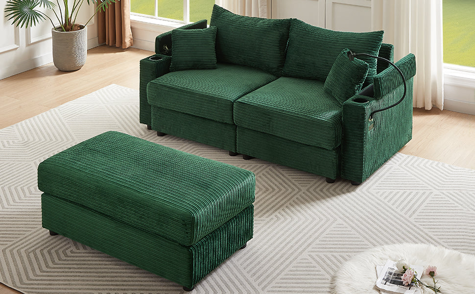 72.8" Modern Style Loveseat Sofa Sectional Sofa Couch With Storage Space, A Movable Ottoman, Two Usb Ports, Two Cup Holders, A Phone Holder For Living Room, Green Green Foam Corduroy 3 Seat