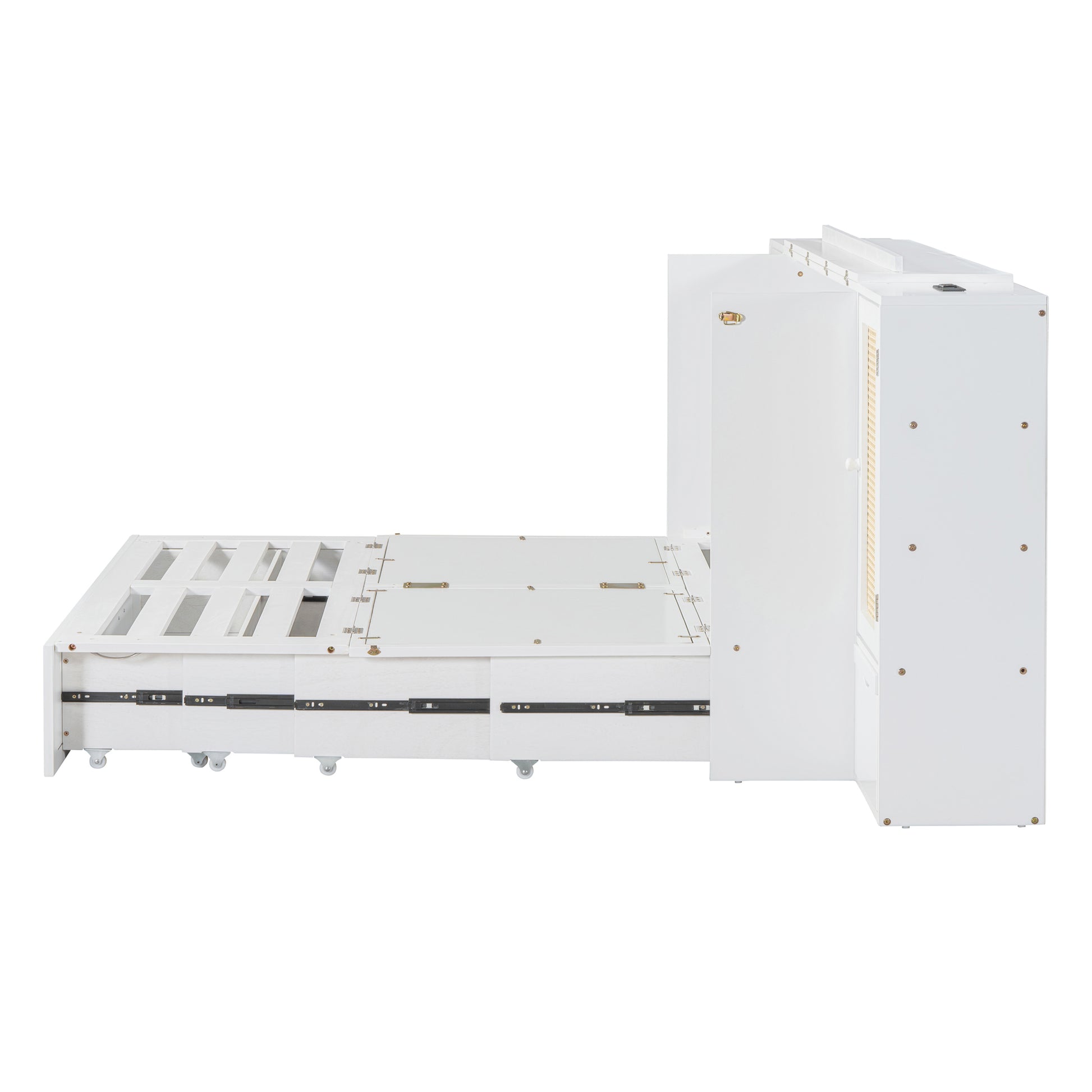 Queen Size Murphy Bed Wall Bed With Drawer And Rattan Decoration With 2 Storage Cabinets, One Set Of Sockets & Usb Ports, Pulley Structure Design, White Queen White Plywood