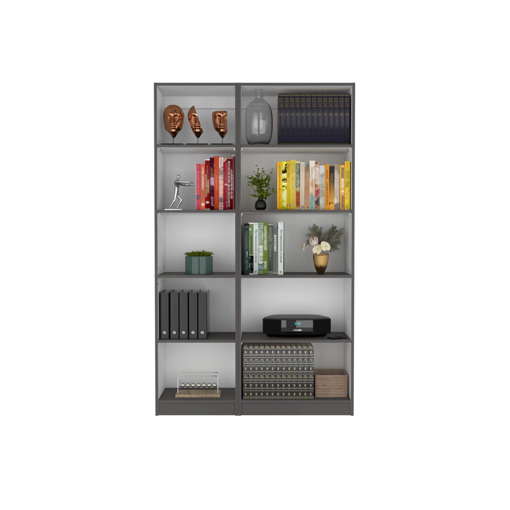 Kenyon 2 Piece Home Bookcase Set, 42" Wide With 10 Shelves, Living Room Set Matt Gray White Freestanding 5 Or More Shelves Gray White Matte,Multicolor Office Adjustable Shelves Modern Particle Board