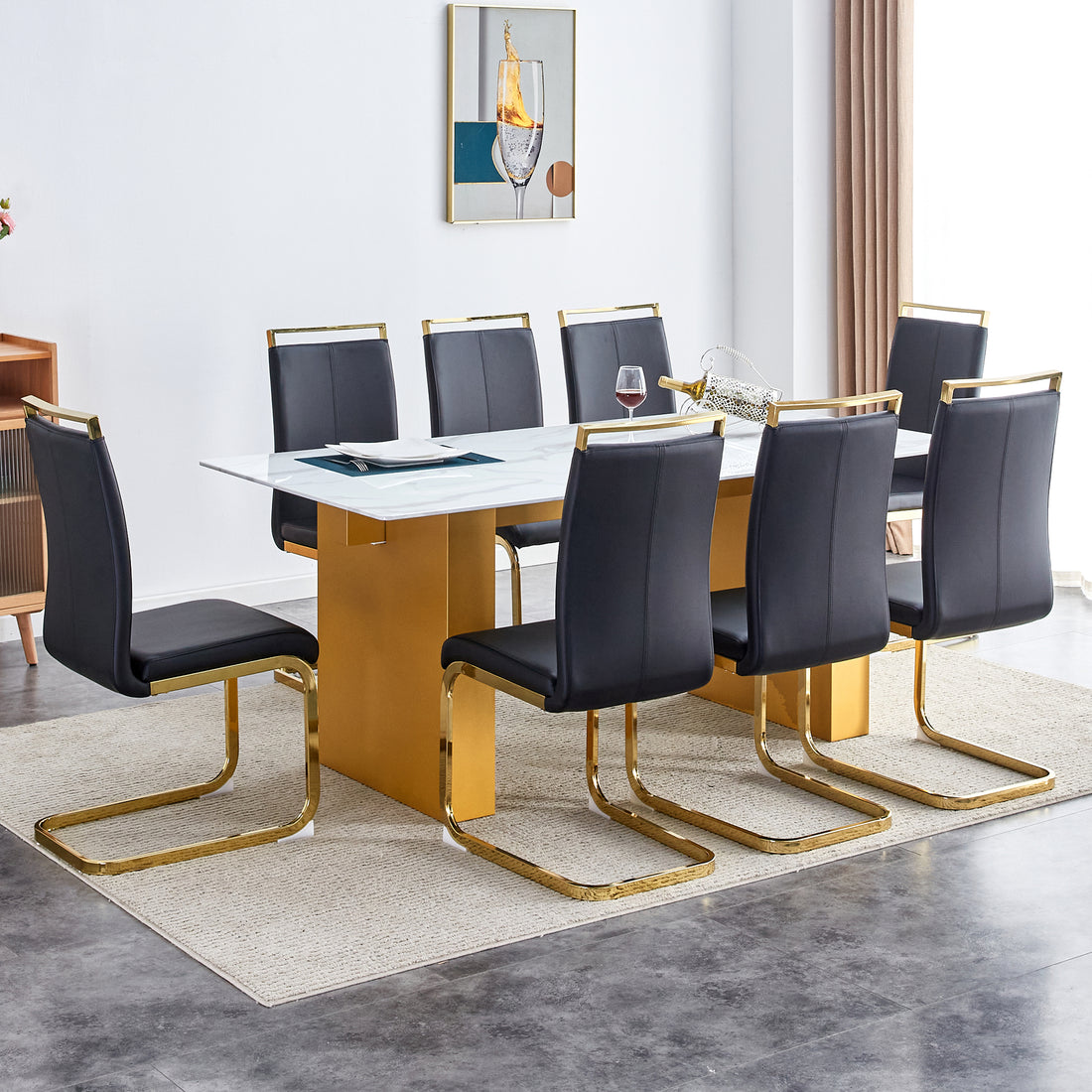 Table And Chair Set.Large Modern Rectangular Table With 0.4 Inch Patterned Glass Tabletop And Large Mdf Table Legs.Comes With 8 Chairs With Faux Leather Cushioned Seats And Golden Metal Legs. Gold White Seats 8 Mdf Glass