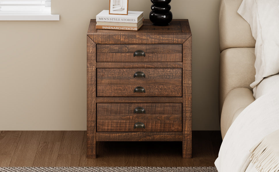 Rustic Farmhouse Style Three Drawer Solid Pine Wood Nightstand With Cup Pulls And Integrated Charge Station Brown 3 Drawers Bedroom Pine Pine,Plywood