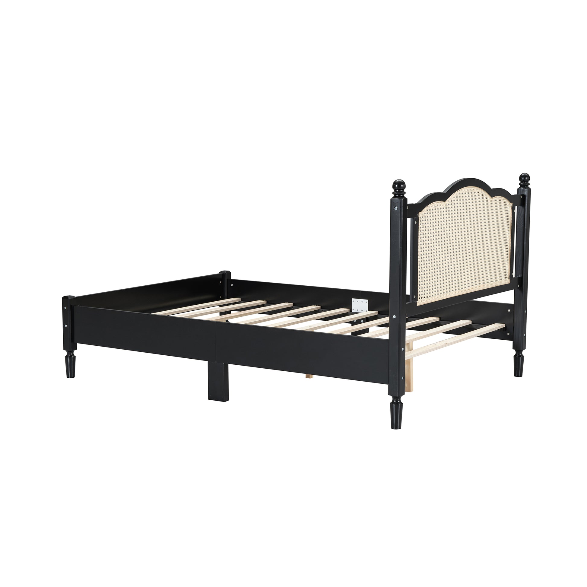 Full Size Wooden Platform Bed With Natural Rattan Headboard, Vintage Bed Frame With Wooden Slat Support, Black Box Spring Not Required Full Black Wood