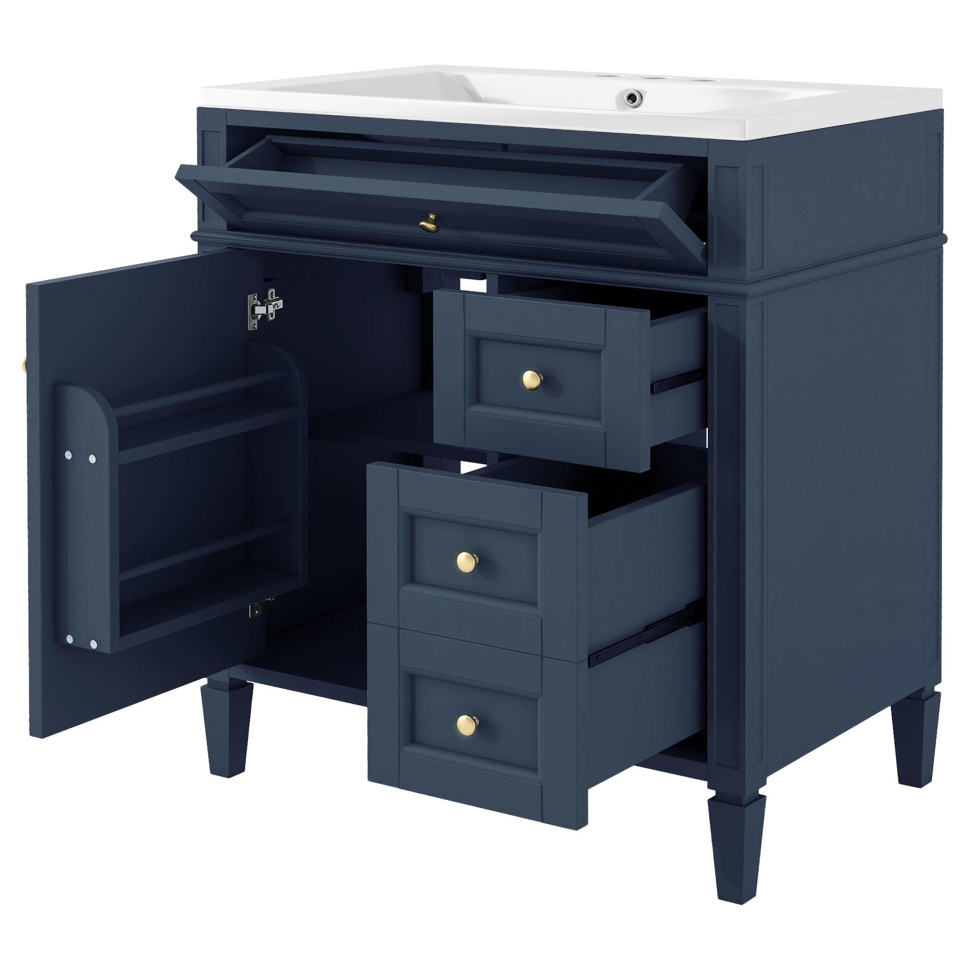 30'' Bathroom Vanity With Top Sink, Modern Bathroom Storage Cabinet With 2 Drawers And A Tip Out Drawer, Single Sink Bathroom Vanity 3 Blue 1 2 Adjustable Hinges Bathroom Freestanding Modern Solid Wood Mdf Resin Painted