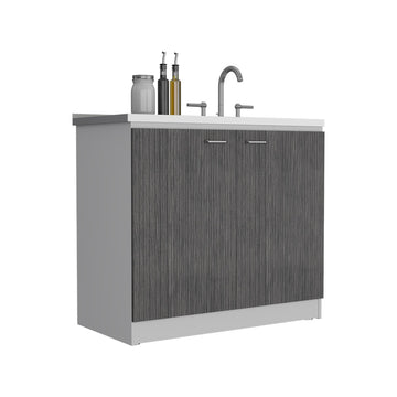 Freestanding Sink, Double Door Cabinet, Two Shelves, White Smokey Oak Multicolor Solid Wood Mdf Engineered Wood