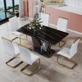 Table And Chair Set,Modern Minimalist Rectangular Dining Table, 0.4 Inch Thick, With A Black Imitation Marble Pattern Glass Desktop And Black Mdf Legs. Comfortable Pu Seats,Perfect For Dinner, Meet White Black Seats 6 Mdf Glass