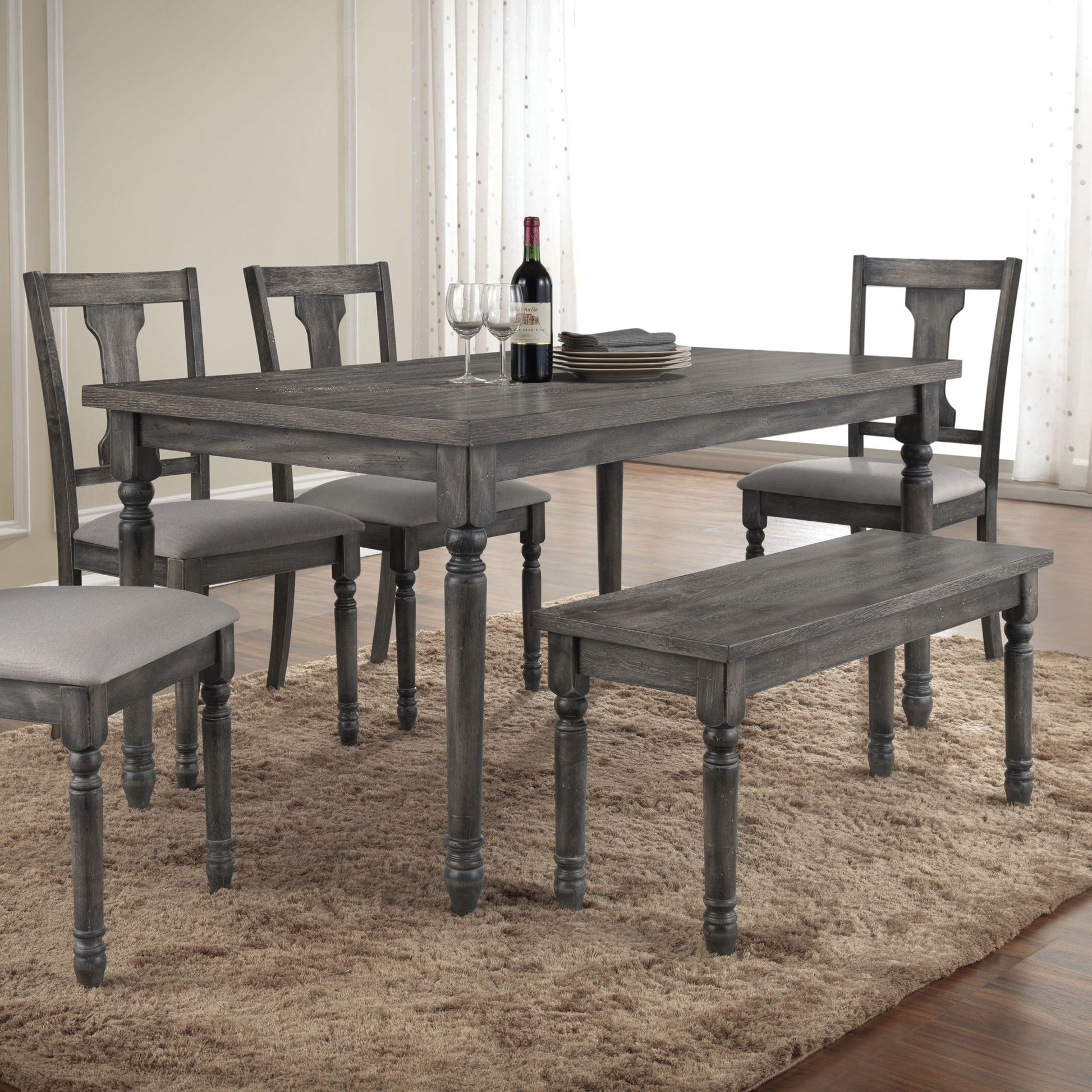 Weathered Grey Dining Bench With Turned Legs Grey Gray Dining Room Farmhouse Rubberwood Wood