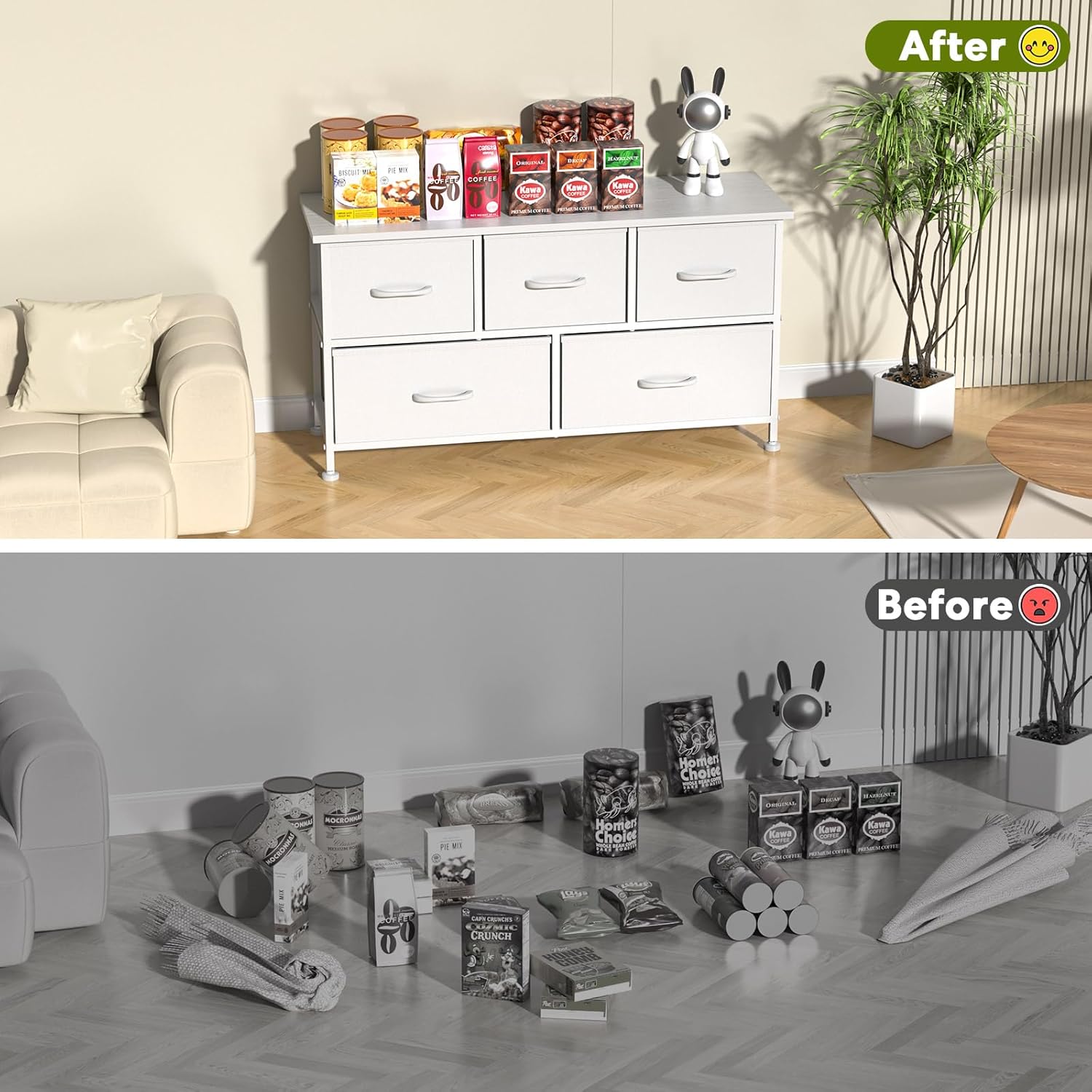 5 Drawers Dresser For Bedroom, Kidsroom Furniture, Wide Chest Of Drawers, Storage Organizer Units With Fabric Bins For Closet, White, Metal Frame, Waterproof Wood Top, Adjustable Feet White Wood