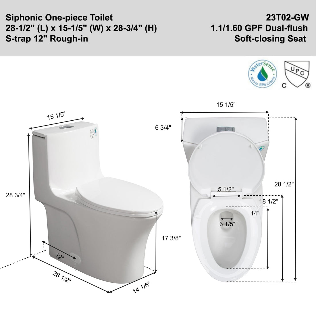 1.1 1.60 Gpf Dual Flush One Piece Toilet, Water Saving Elongated Comfort Height Floor Mounted, Soft Closing Seat, 1000 Gram Map Flushing Score Toilet, Gloss White 23T02 Gw Gloss White Ceramic