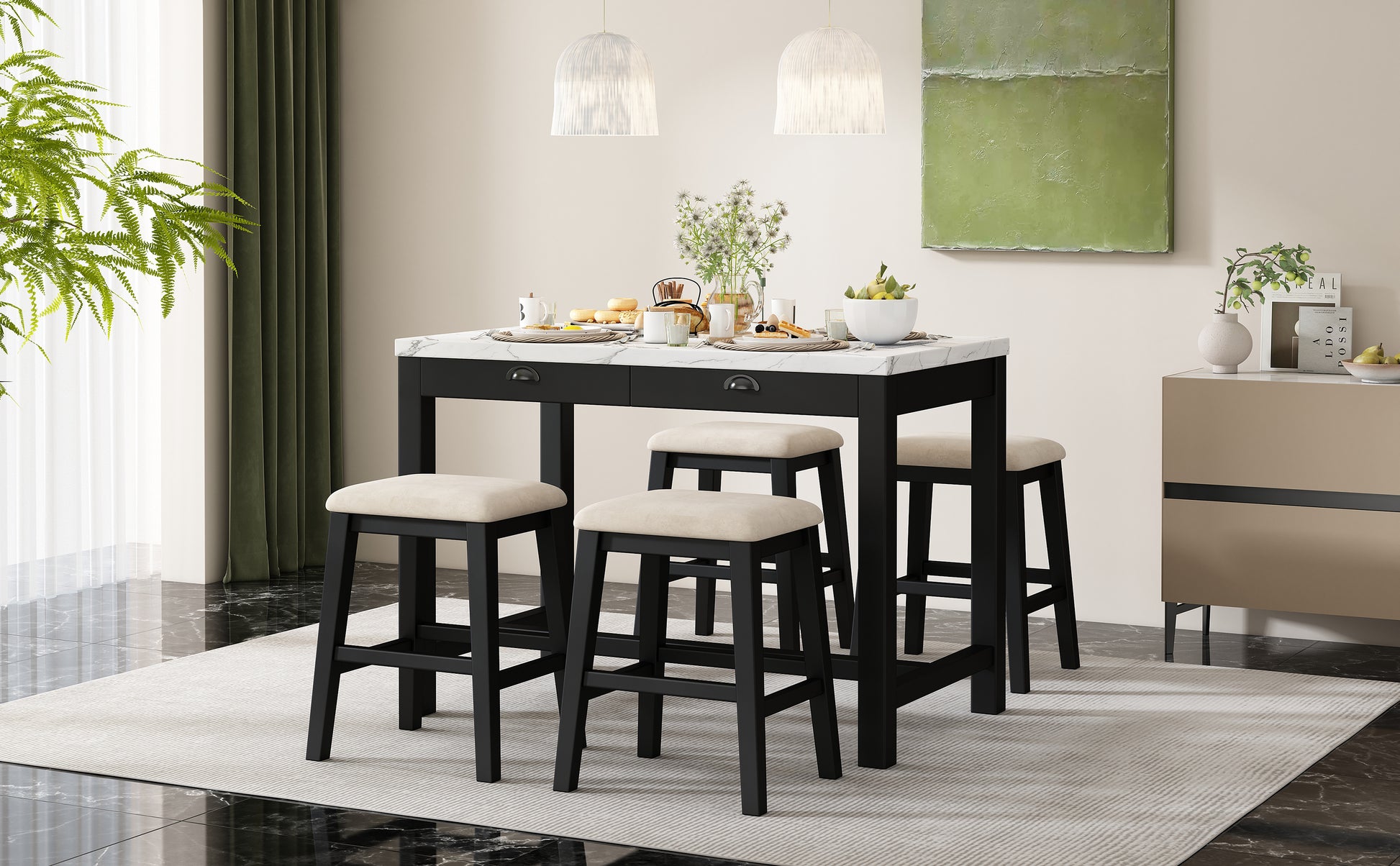 5 Piece Modern Faux Marble Versatile Bar Table Set With Storage Drawers And Padded Stools, Ideal For Space Saving Dining Nooks Or Small Kitchens Black Black Solid Wood Mdf