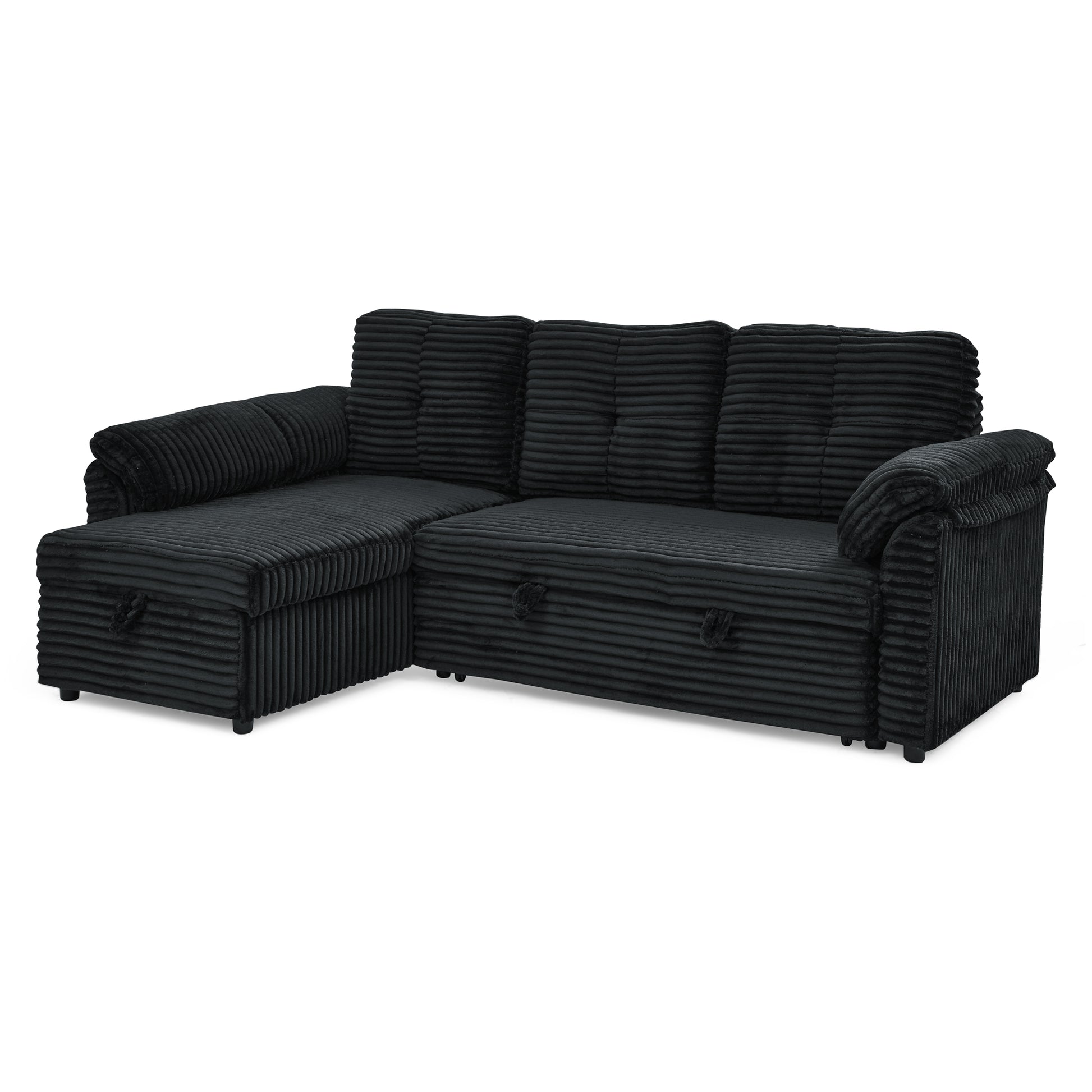 Corduroy Tufted Upholstered Sleeper Sectional Sofa, L Shaped Modular Convertible Sofa With Reversible Storage Chaise, Pull Out Sleep Couch Bed And Reclining Backrest Perfect For Living Space, Black Full Black Corduroy