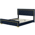 Queen Size Upholstered Platform Bed With Pull Point Headboard And Metal Wire Frame At The Head And Foot Of The Bed, Metal Feet, Velvet, Black Queen Black Mdf Lvl