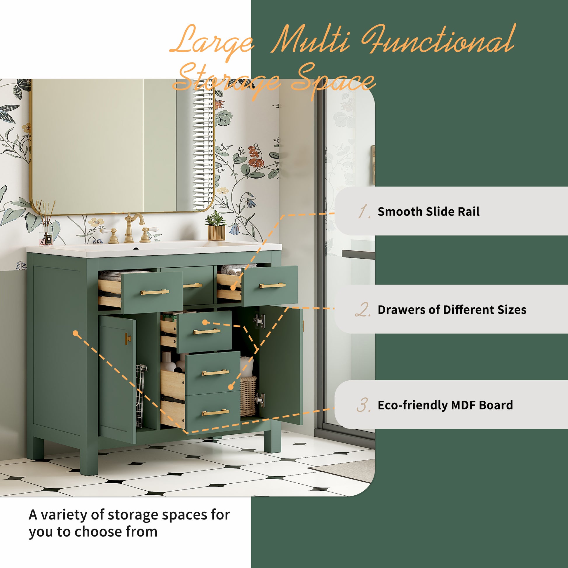 36'' Bathroon Vanity With Resin Sink Combo Set,Modern Freestanding Single Bathroom Cabinet With 4 Drawers & 2 Cabinets,Storage Cabinet For Bathroom, Solid Wood Frame Vanity Set, Green 4 Green 2 2 Adjustable Hinges Bathroom Freestanding Solid Wood Mdf