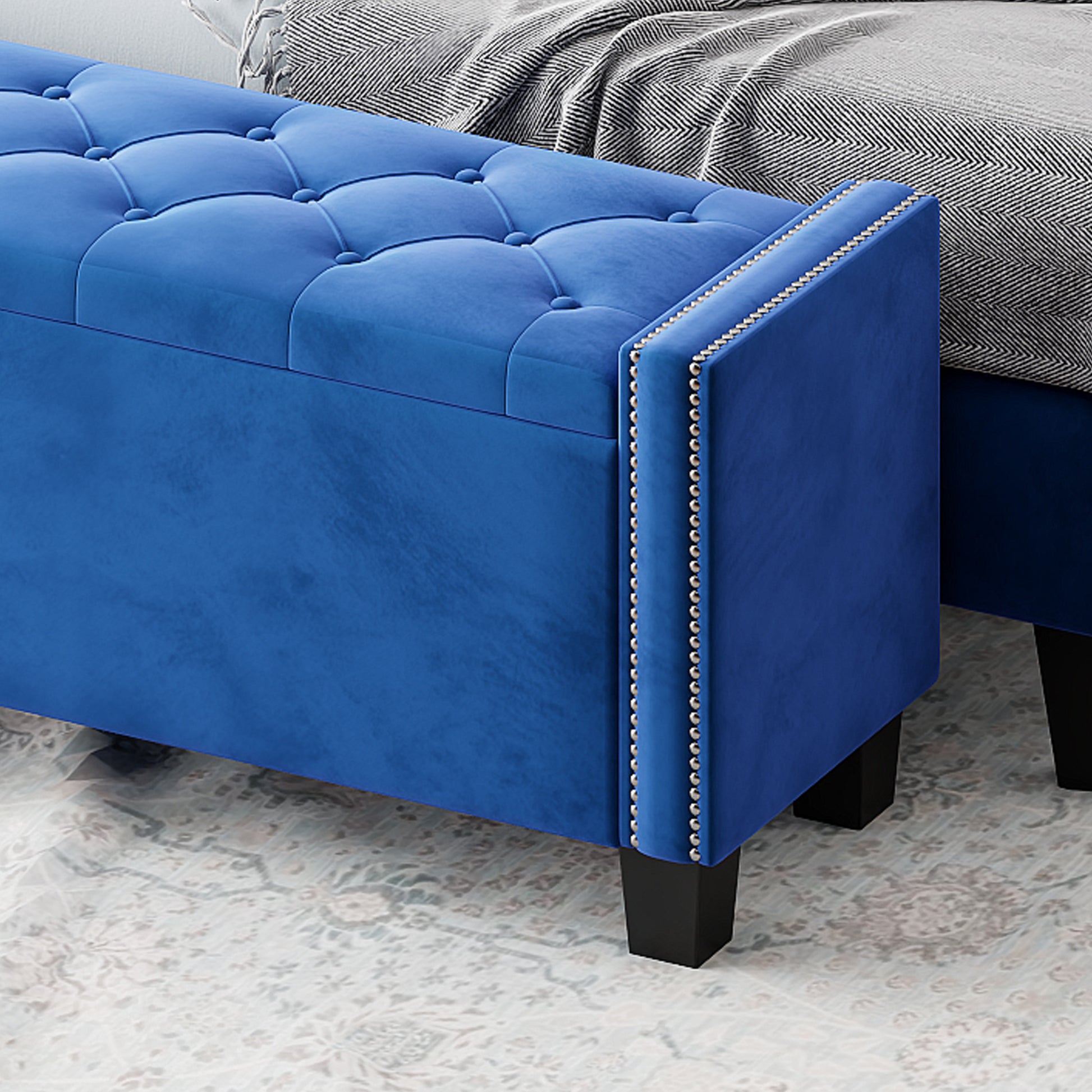 Furniture Navy Blue End Of Bed Bench Upholstered Velvet Storage