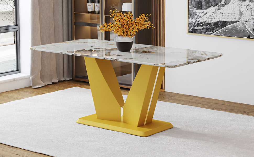 Modern Minimalist Rectangular Dining Table, 0.4 "Thick, Imitation Marble Patterned Glass Tabletop, Gold Mdf Legs. "71" * 35.4" *30" Gold Mdf Glass