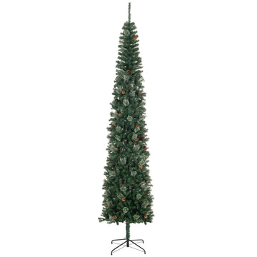 Homcom 9.5 Foot Pencil Artificial Christmas Tree, Slim Pine Needles Xmas Tree With Realistic Branches, Pine Cones, Metal Base, Green Green Plastic