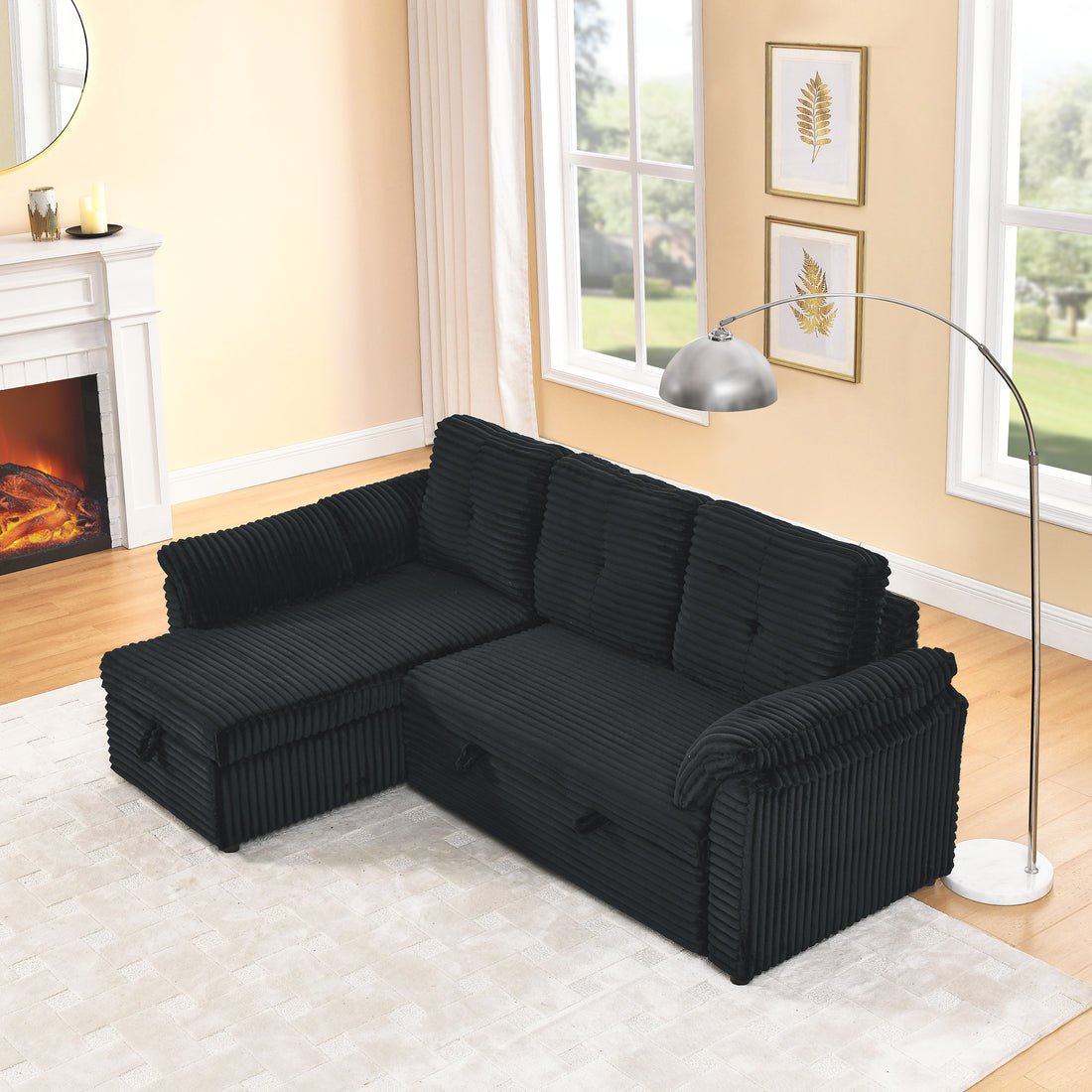 Corduroy Tufted Upholstered Sleeper Sectional Sofa, L Shaped Modular Convertible Sofa With Reversible Storage Chaise, Pull Out Sleep Couch Bed And Reclining Backrest Perfect For Living Space, Black Full Black Corduroy