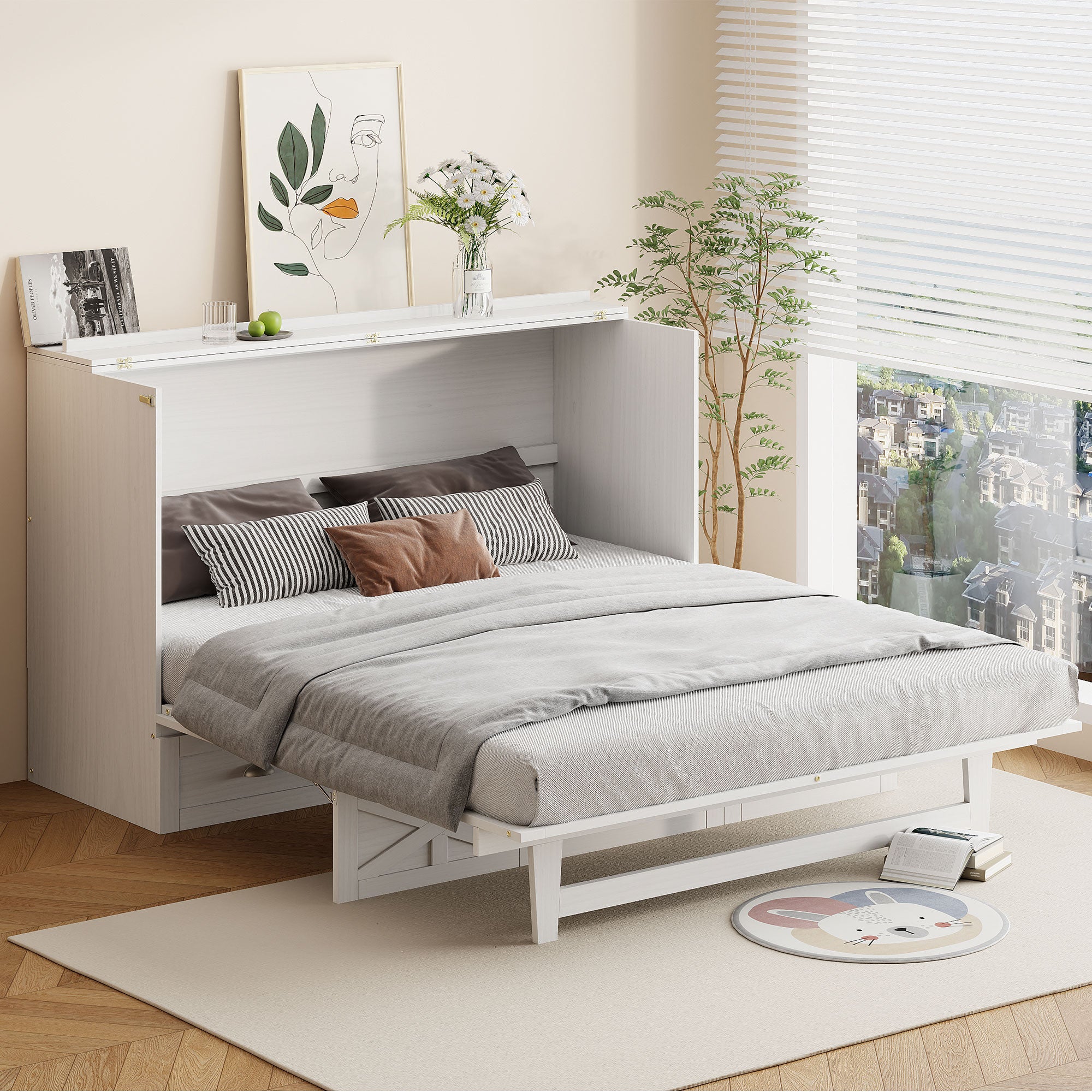 Queen Size Murphy Bed With Large Drawers,Brushed White Queen White Plywood