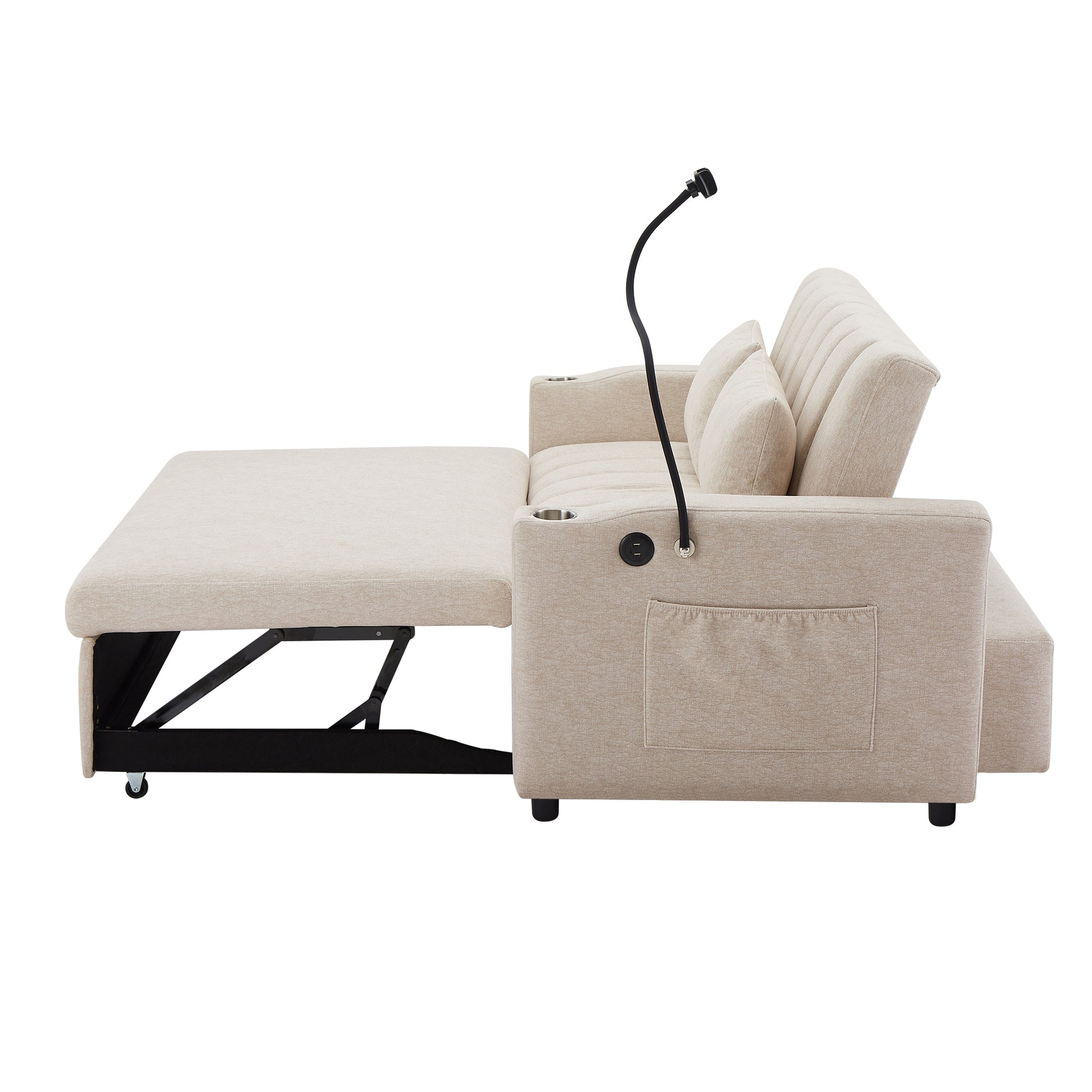55.9" Convertible Sofa Bed Loveseat Sofa With Three Usb Ports, Two Side Pockets, Two Cup Holders And 360 Swivel Phone Holder For Living Room, Beige Beige Foam Polyester