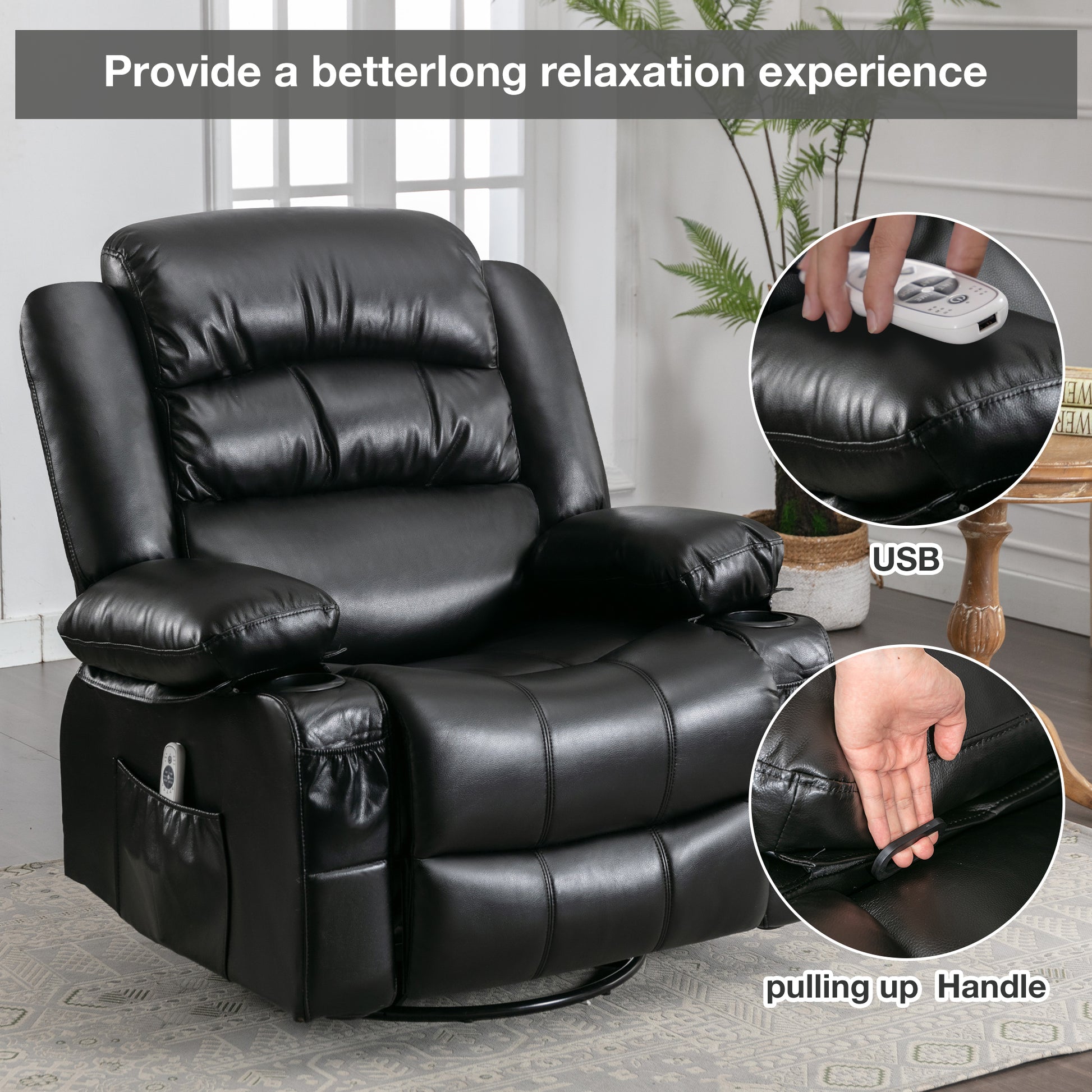 Massage Swivel Rocker Recliner Chair With Vibration Massage And Heat Ergonomic Lounge Chair For Living Room With Rocking Function And Side Pocket 2 Cup Holders Usb Charge Port Black Faux Leather Manual Handle Metal Soft Heavy Duty Push Button Foam Pu