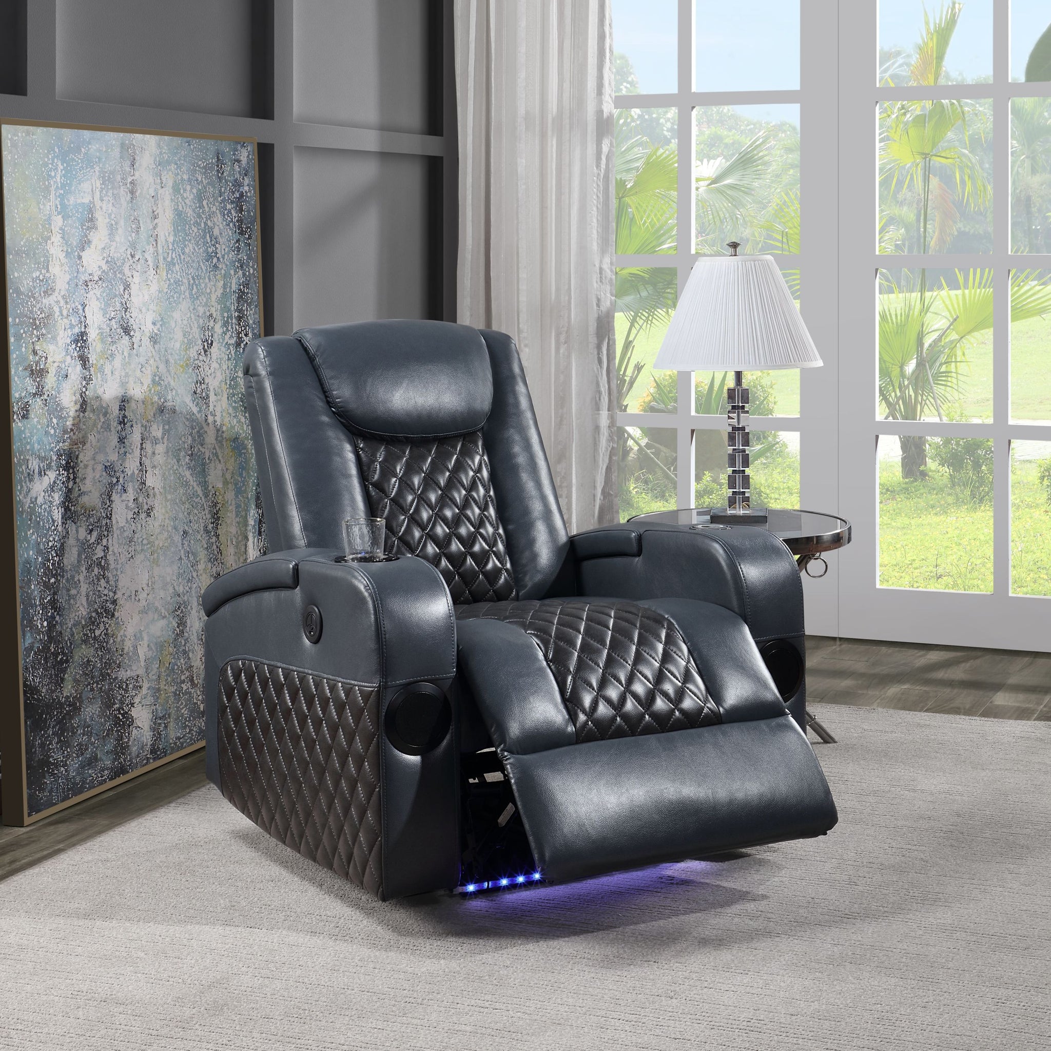 Alair Power Motion Recliner W Bluetooth Speaker & Cooling Cup Holder, Blue & Black Leather Aire Lv02459 Blue Upholstered