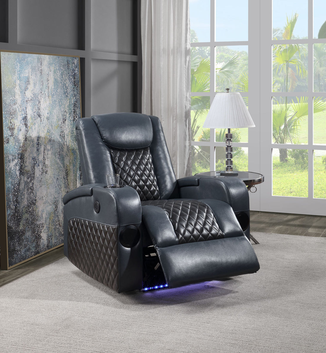 Alair Power Motion Recliner W Bluetooth Speaker & Cooling Cup Holder, Blue & Black Leather Aire Lv02459 Blue Upholstered