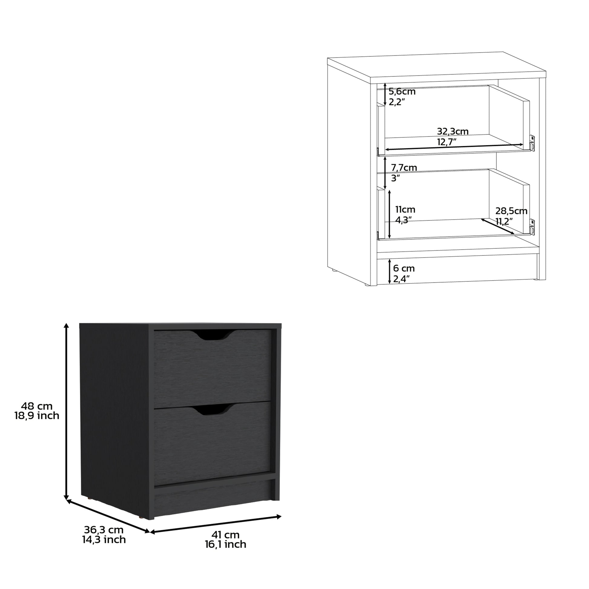 Double Drawer Nightstand 19"H, Bedside Table, Black Black Particle Board Particle Board