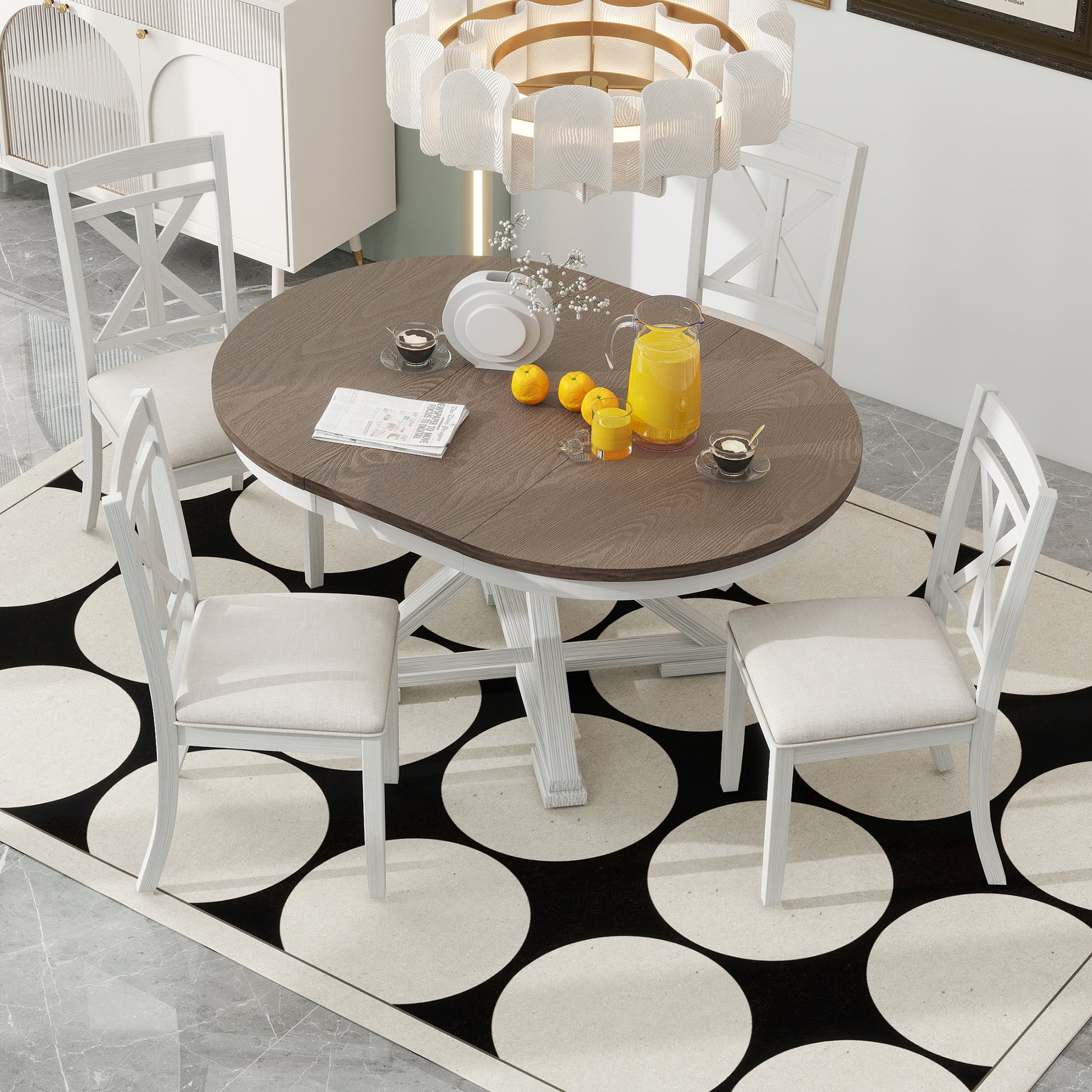 5 Piece Retro Functional Dining Table Set Extendable Round Table And 4 Upholstered Chairs For Dining Room And Living Room Brown Antique White Brown Antique White Solid Wood