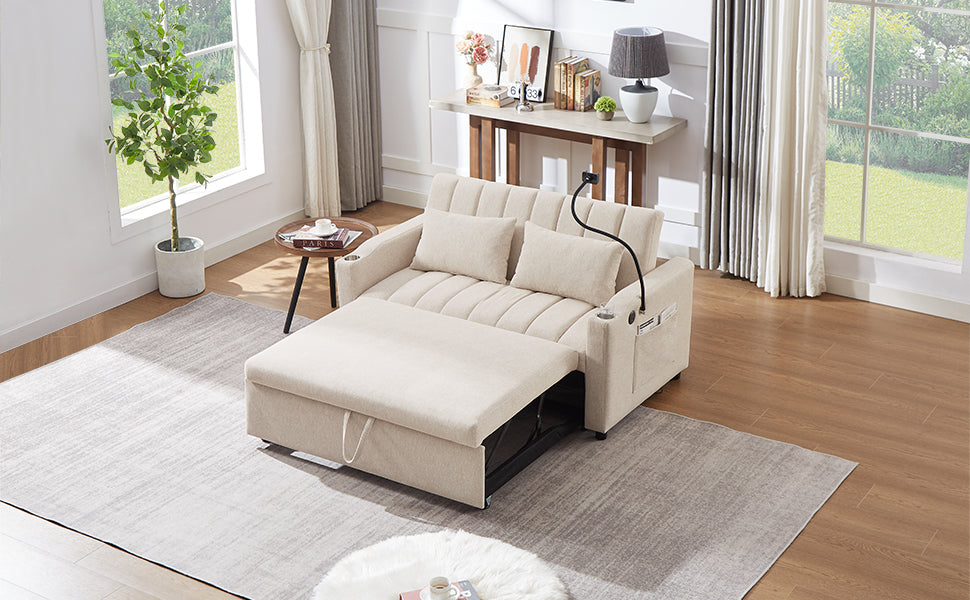 55.9" Convertible Sofa Bed Loveseat Sofa With Three Usb Ports, Two Side Pockets, Two Cup Holders And 360 Swivel Phone Holder For Living Room, Beige Beige Foam Polyester