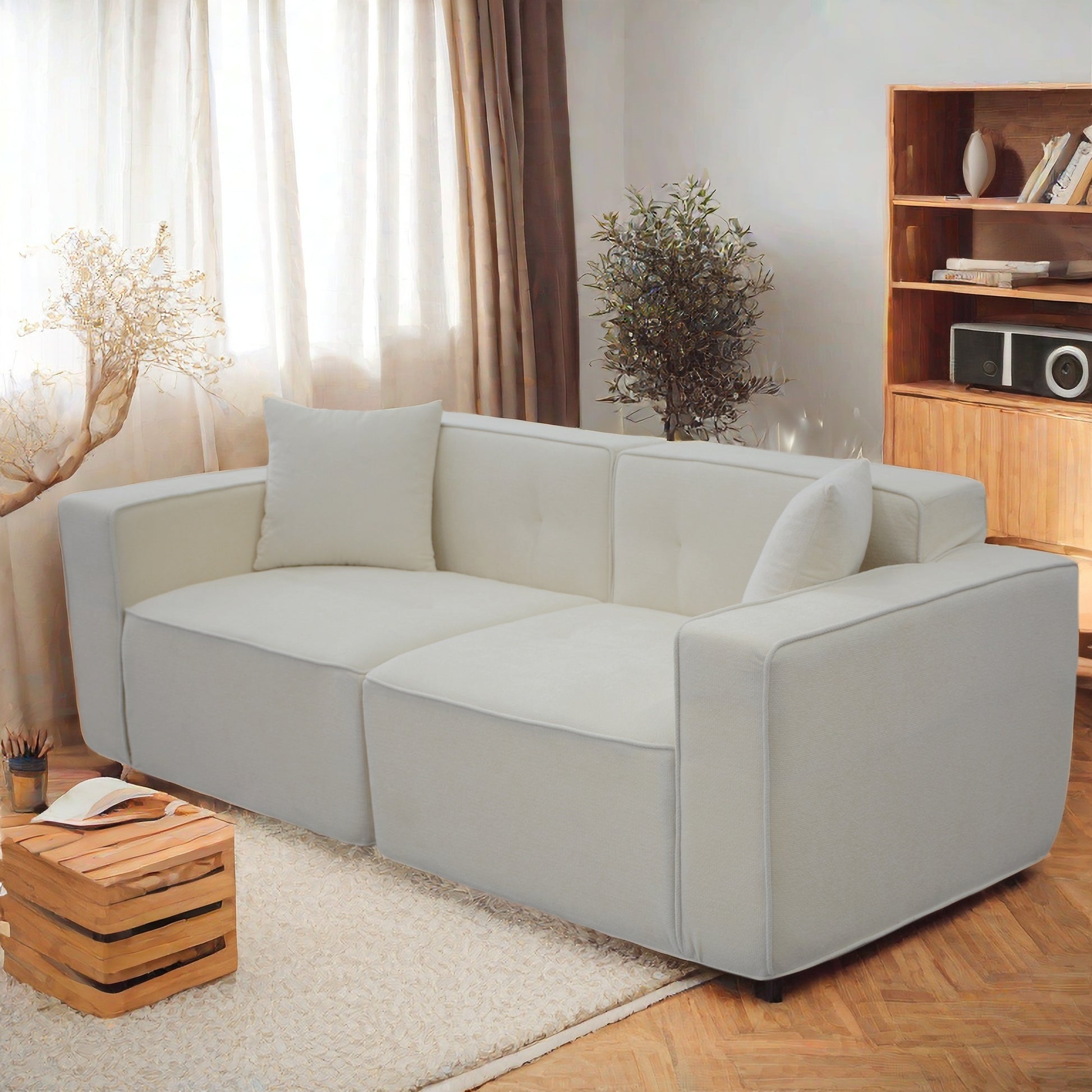 Full Foam Compression Sofa, Modern Teddy Velvet Sofa,2 3 Seat Mid Century Indoor Couch, Exquisite Upholstered Loveseat For Living Room,Bedroom,Apartment White Linen Wood Primary Living Space Soft