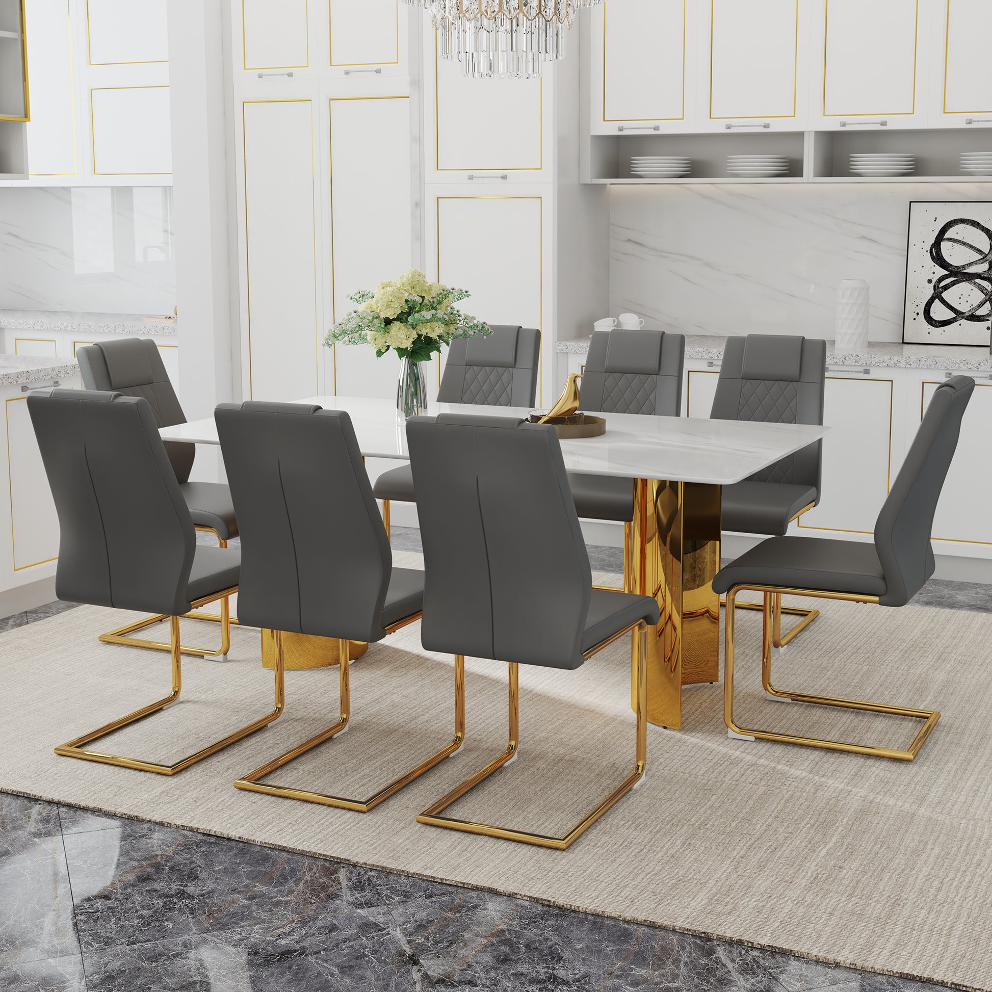 Table And Chair Set.The Table Has A Glass Tabletop With Imitation Marble Pattern Stickers And Stainless Steel Golden Table Legs. Paried With Comfortable Chairs With Pu Seats And Metal Legs. White Gold Seats 8 Glass Metal