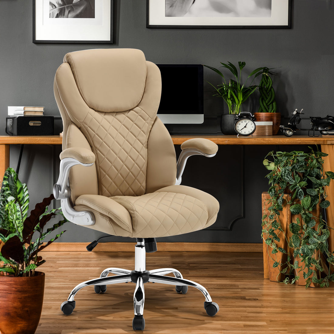 Ergonomic Office Chair With Flip Up Armrests And Wheels, Leather Rocking Executive Office Chair Beige Foam Pu Leather