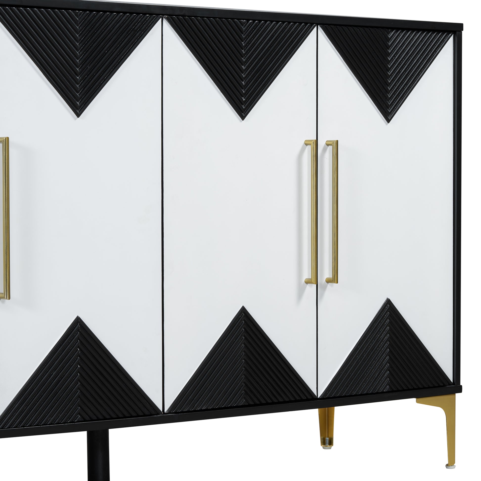 Unique Features Of A Four Door Cabinet With Two Tone Triangular Pattern Doors, Suitable For Entryway, Hallway, Living Room 3 4 Spaces Black White Primary Living Space Adjustable Shelves Artsy,Contemporary Mdf