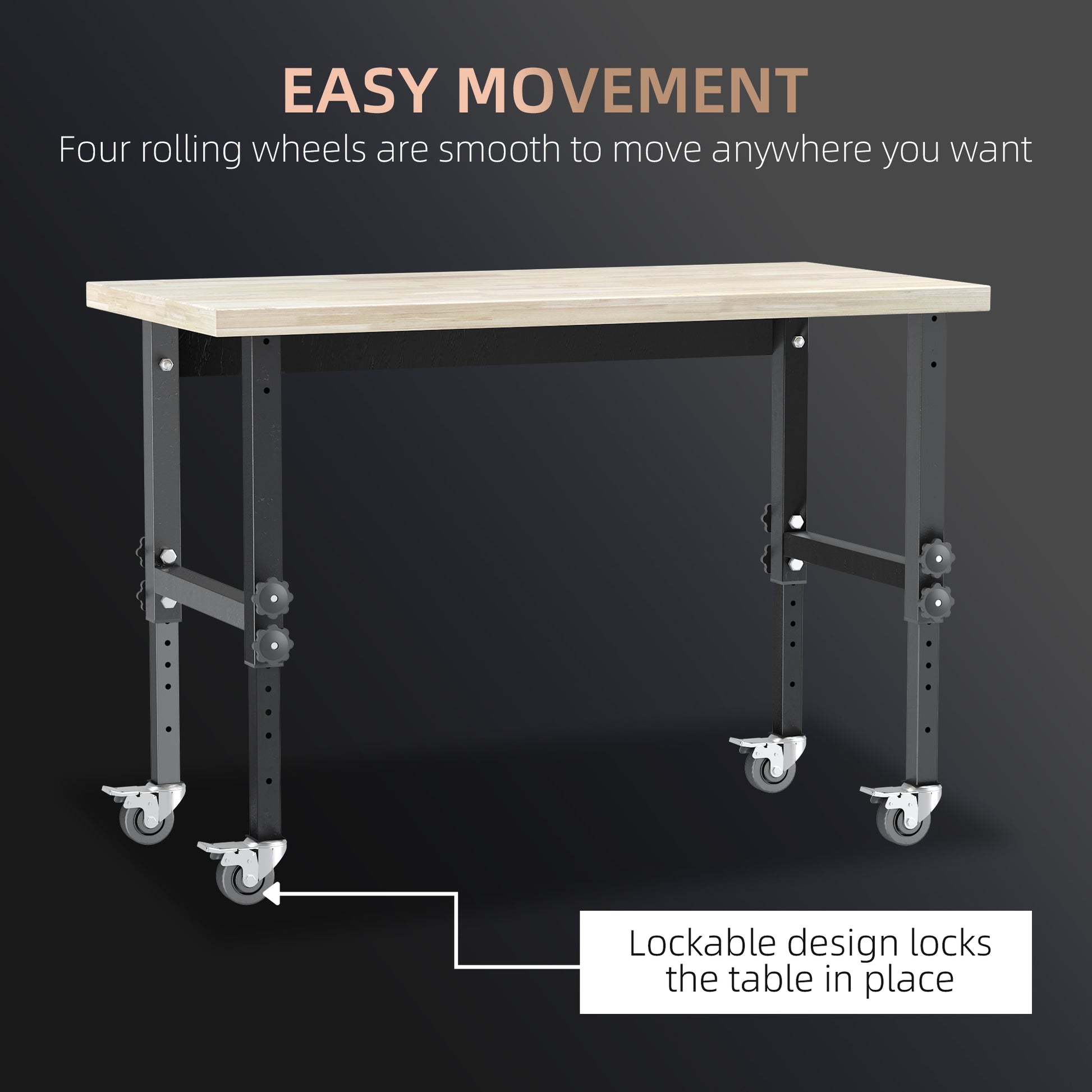 Homcom 47.25" Work Bench With Height Adjustable Legs, Bamboo Tabletop Workstation Tool Table On Wheels For Garage, Weight Capacity 1320 Lbs, Black Natural Natural Wood Bamboo