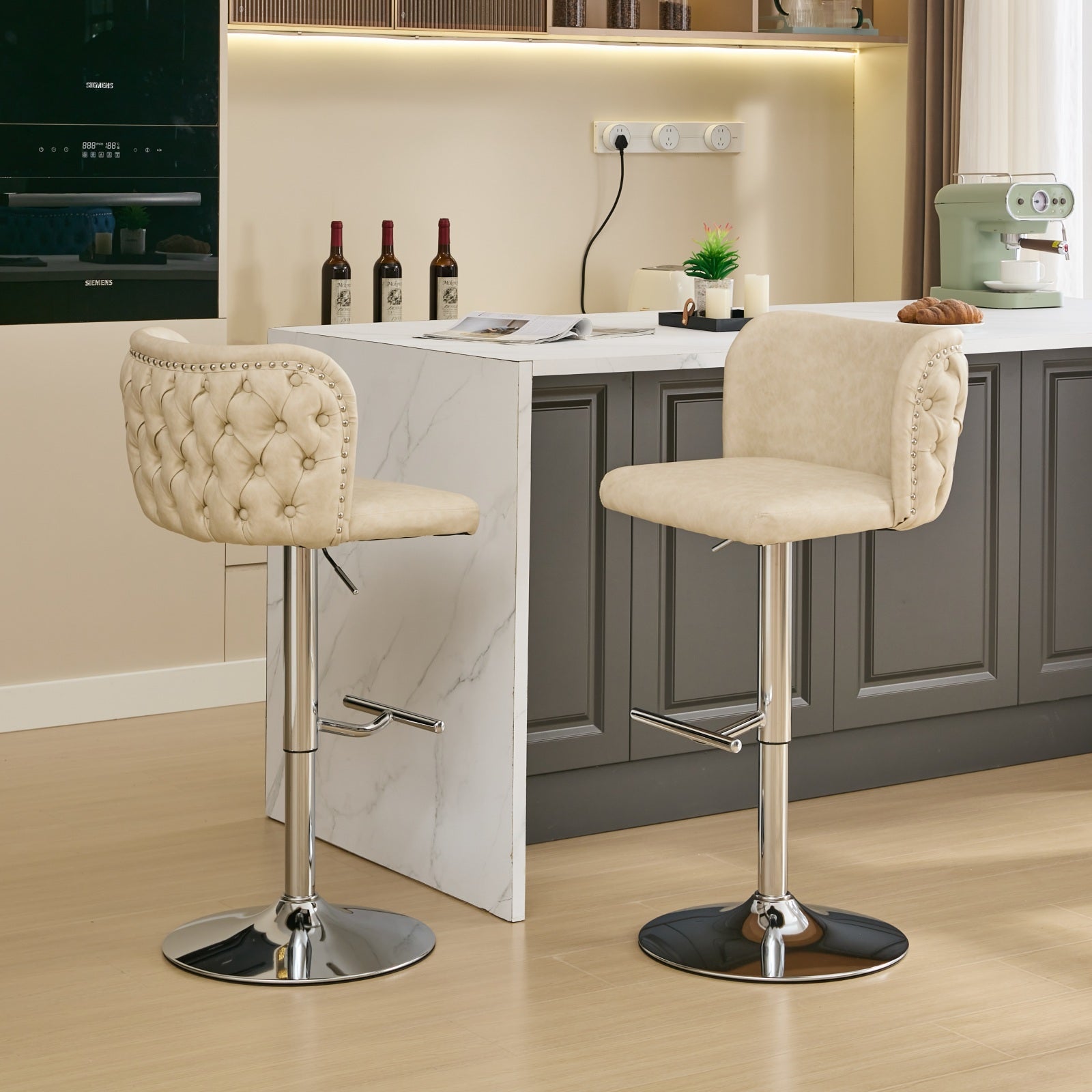 Swivel Barstools Adjusatble Seat Height With Chrome Base, Modern Pu Upholstered Bar Stools With The Whole Back Tufted, For Home Pub And Kitchen Island,Beige, Set Of 2 Beige American Design Bar Stools Set Of 2 Foam Pu Leather