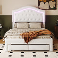 Full Size Upholstered Platform Bed With Tufted Headboard, Led And 2 Drawers, White Box Spring Not Required Full White Wood Bathroom Bed Frame Faux Leather Upholstered