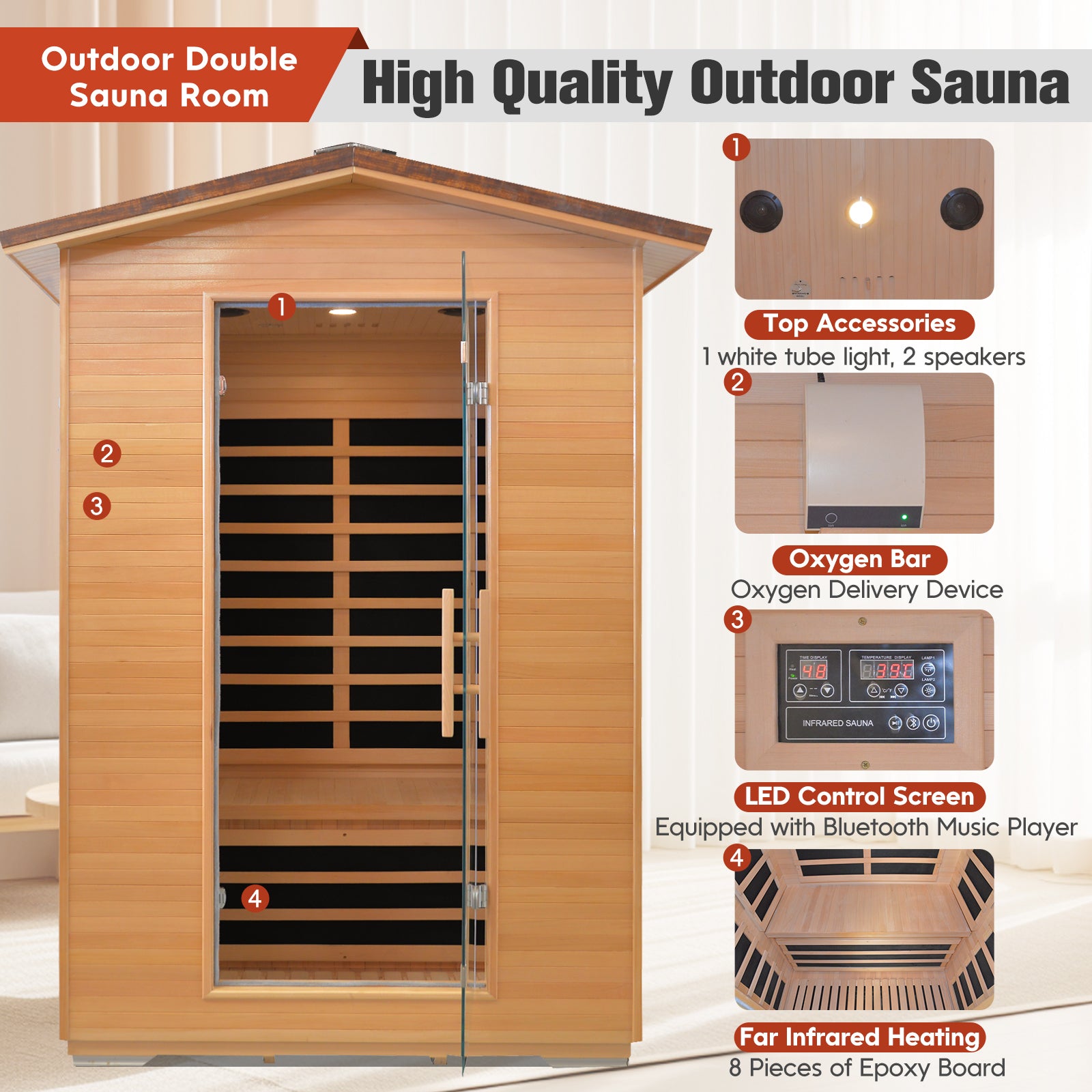 Double Abies Wood Outdoor Sauna Room Light Brown Multi Gun Metal Ceramic Tile Iron