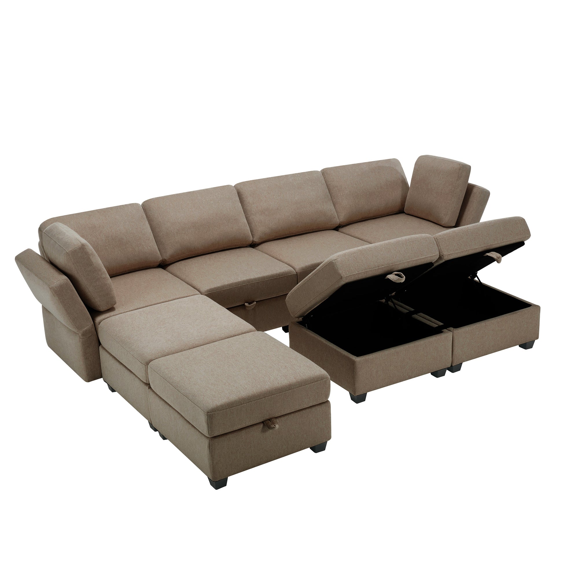 Adjustable Arms And Backs Sectional Sofa, Modern Sectional Couch U Shaped Sofa Couch With Storage Ottoman, Sofa With Convertible Chaise Brown Brown Polyester 4 Seat