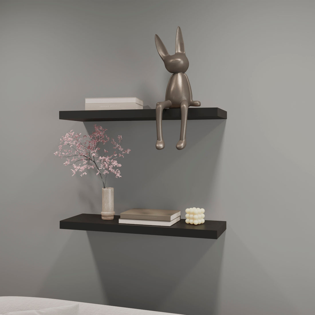 Iva Floating Shelf In Melamine X2, Black Black Horizontal Primary Living Space Contemporary,Minimalist,Modern Wall Mounted Particle Board Melamine