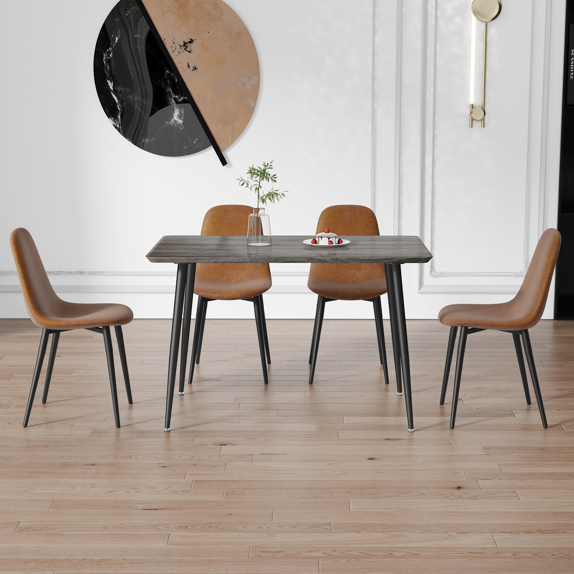 1 Table And 4 Chairs Set.Gray Wood Grain Table With Mdf Tabletop And Black Iron Legs.A Set Of 4 Modern Medieval Style Chairs, Equipped With Soft Cushions And Black Metal Legs.Dt 1226,B0501A Gray Mdf Metal