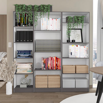 Dupree 3 Piece Home Bookcase Set, 67" Wide With 14 Shelvesliving Room Set Set Mat Gray White Freestanding 5 Or More Shelves Multicolor Office Open Storage Space Modern Particle Board