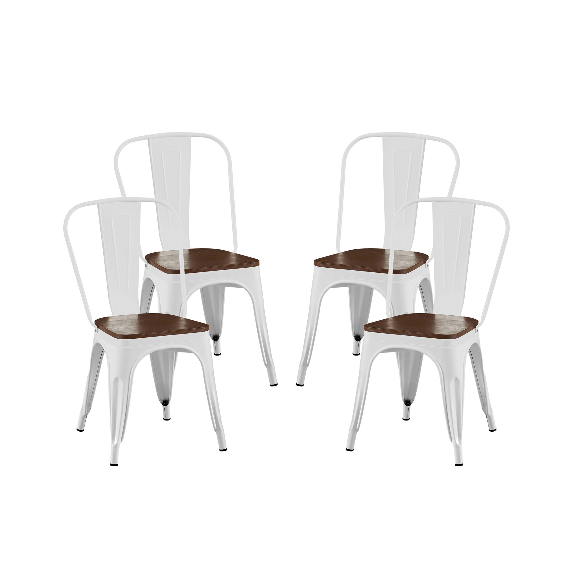 2Pc Contemporary Aesthetic Modern High Gloss White With Walnut Wooden Seat Industrial Metal Dining Chairs White Dining Room Wipe Clean Square Contemporary,Industrial,Modern Dining Chairs Set Of 2