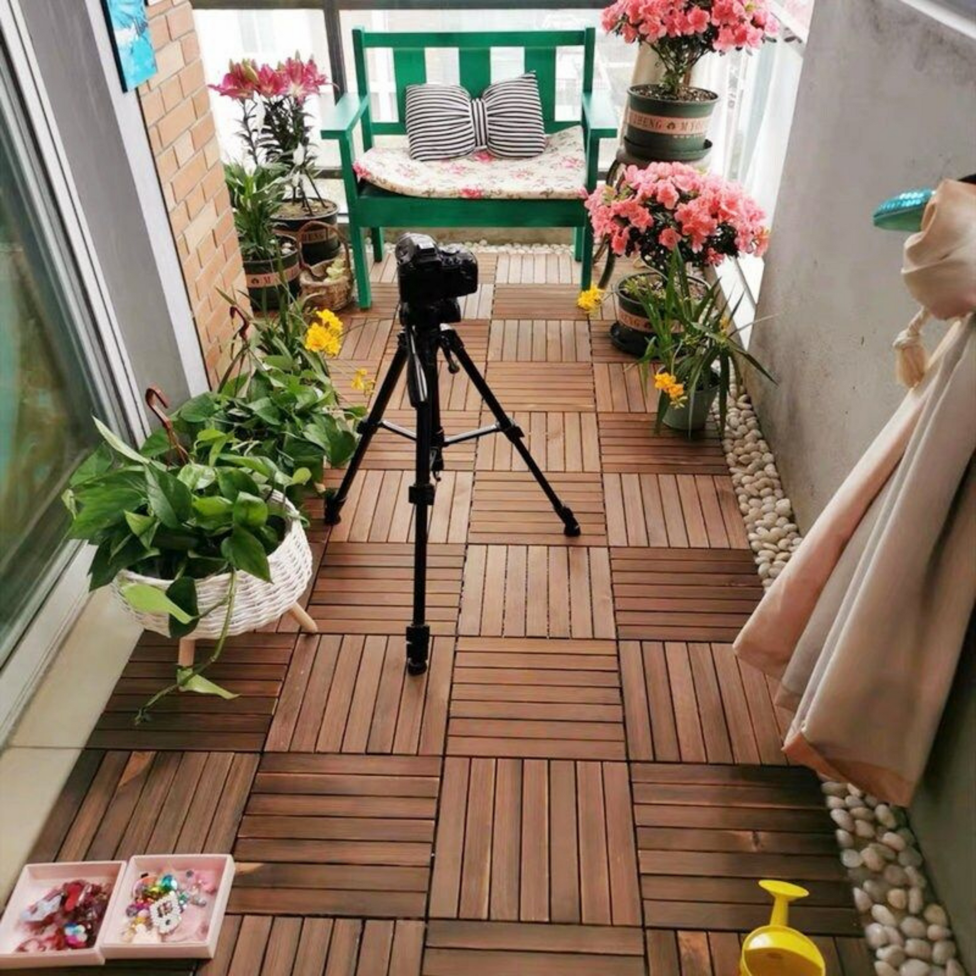 30 Pcs Interlocking Deck Tiles Striped Pattern, 12" X 12" Square Acacia Hardwood Outdoor Flooring For Patio, Bancony, Pool Side,.. Brown Garden & Outdoor American Design,American Traditional,Antique Solid Wood