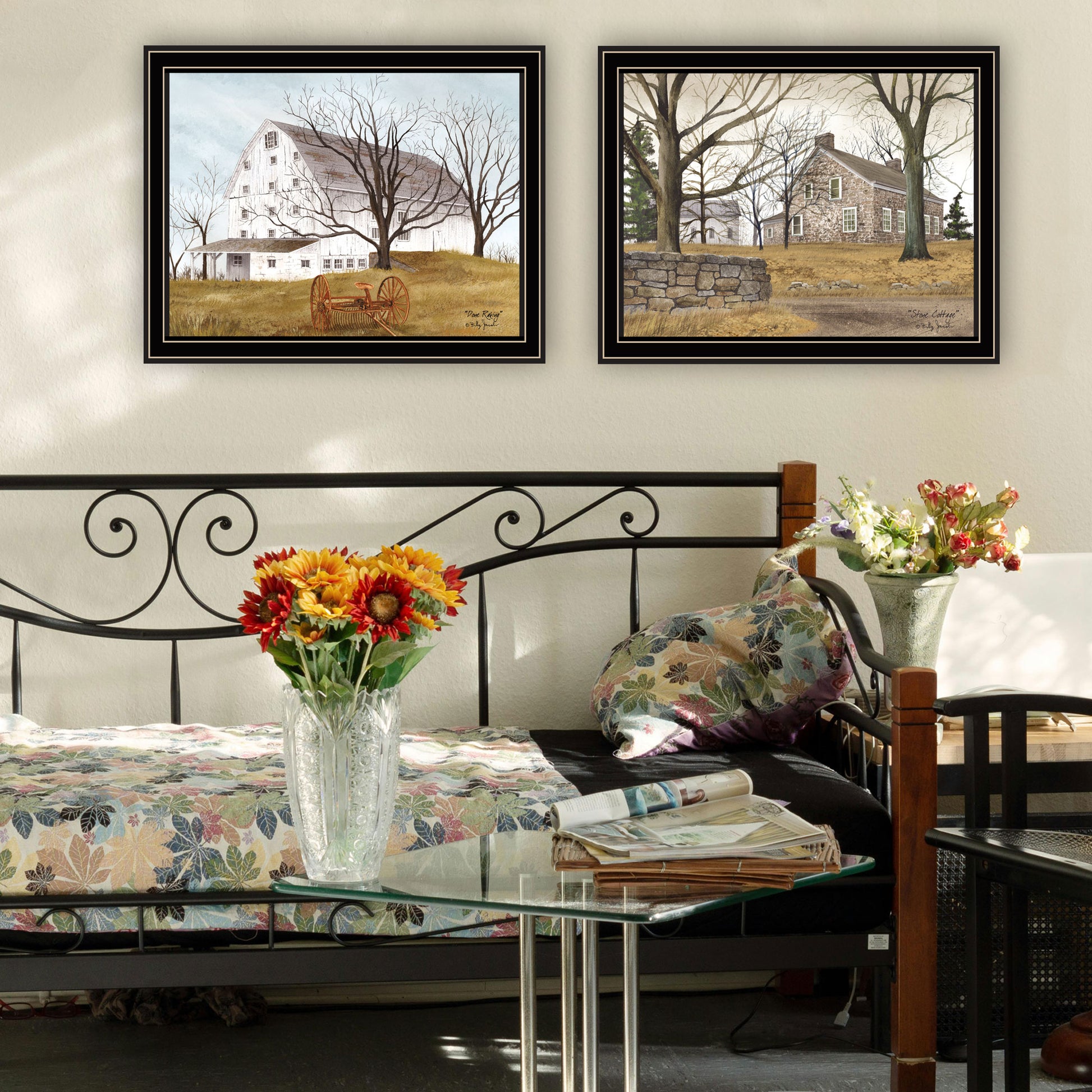 2 Piece Vignette Stone Cottage Farmhouse & White Wooden Barn With Hay Rake Black Framed Wall Art For Living Room, Bedroom Wall Art Print For Home Decor By Billy Jacobs Multicolor Wood Paper