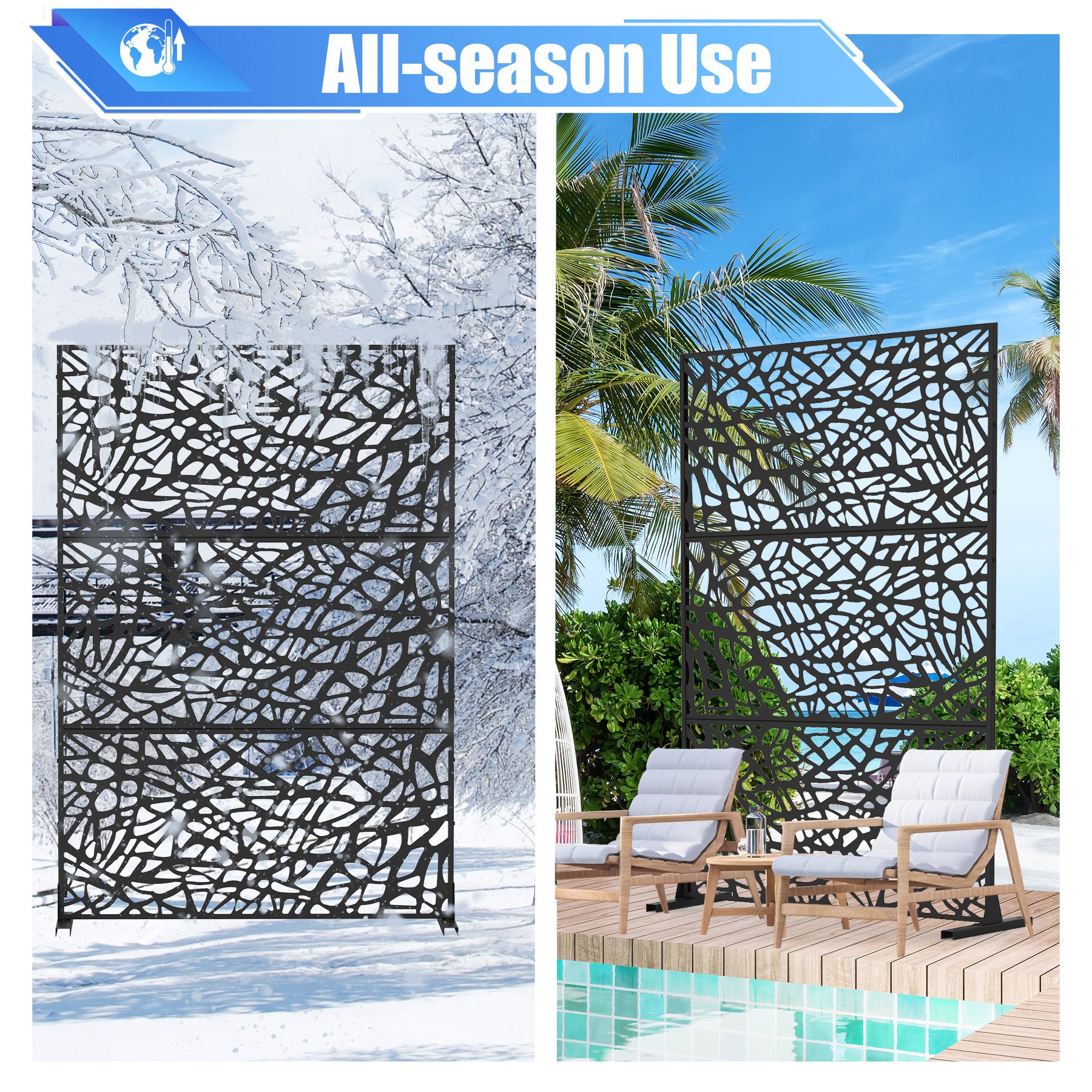 Metal Privacy Screens And Plastic Panels With Free Standing, Freestanding Outdoor Indoor Privacy Screen, Decorative Privacy Screen For Balcony Patio Garden, Room Divider, Mesh Shape Black Metal,Plastic