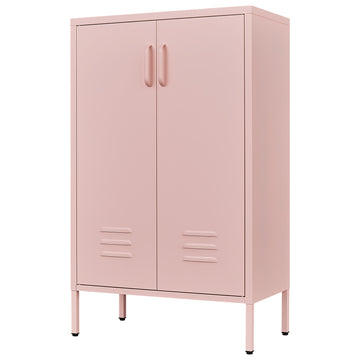 Pink Steel Double Door Cabinet With Handles, With Removable Dividers And Adjustable Height. Suitable For Living Room, Office, Bedroom, Study And Other Places. 3 4 Shelves Pink Metal