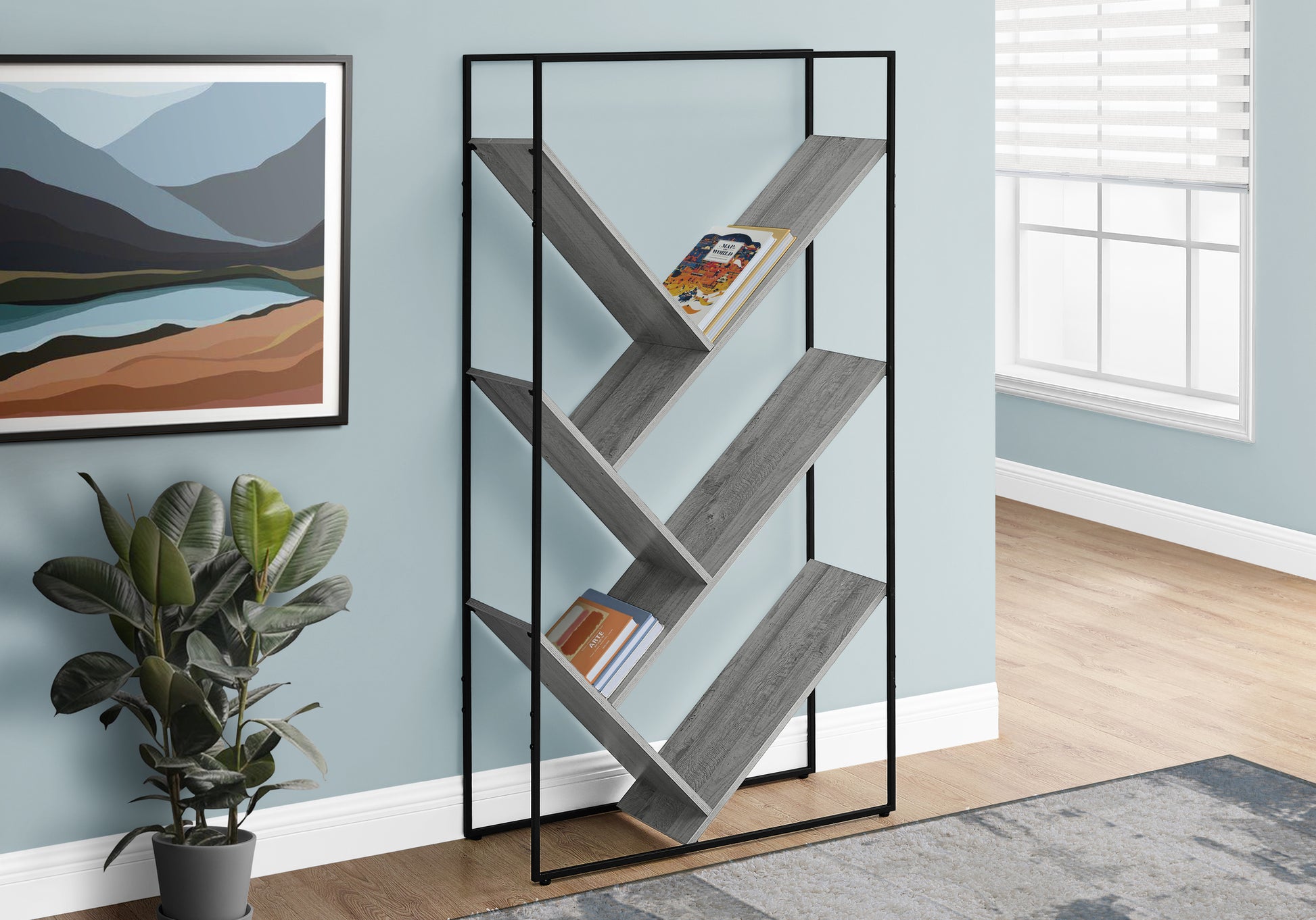 Bookshelf, Bookcase, Etagere, 3 Tier, 60"H, Office, Bedroom, Grey Laminate, Black Metal, Contemporary, Modern Grey Metal