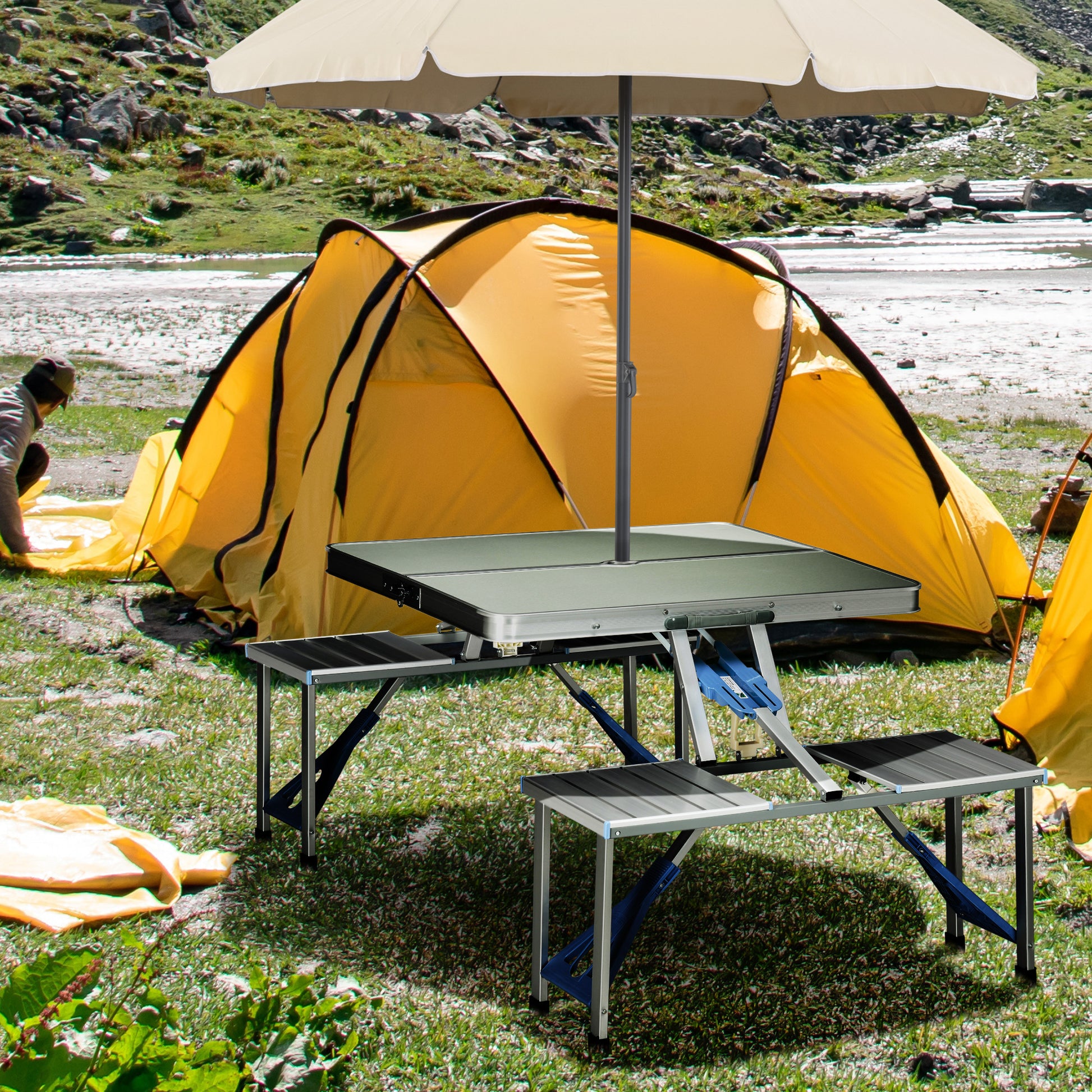 folding patio table with umbrella hole Outsunny Folding Picnic Table With Umbrella Hole, Aluminum Suitcase Po