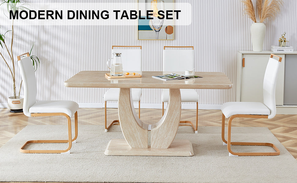 Table And Chair Set. Modern Minimalist Luxury Mdf Rectangular Dining Table With Textured Stickers On The Table And 4 Pu Synthetic Leather High Back Upholstered Side Chairs. White Seats 4 Mdf